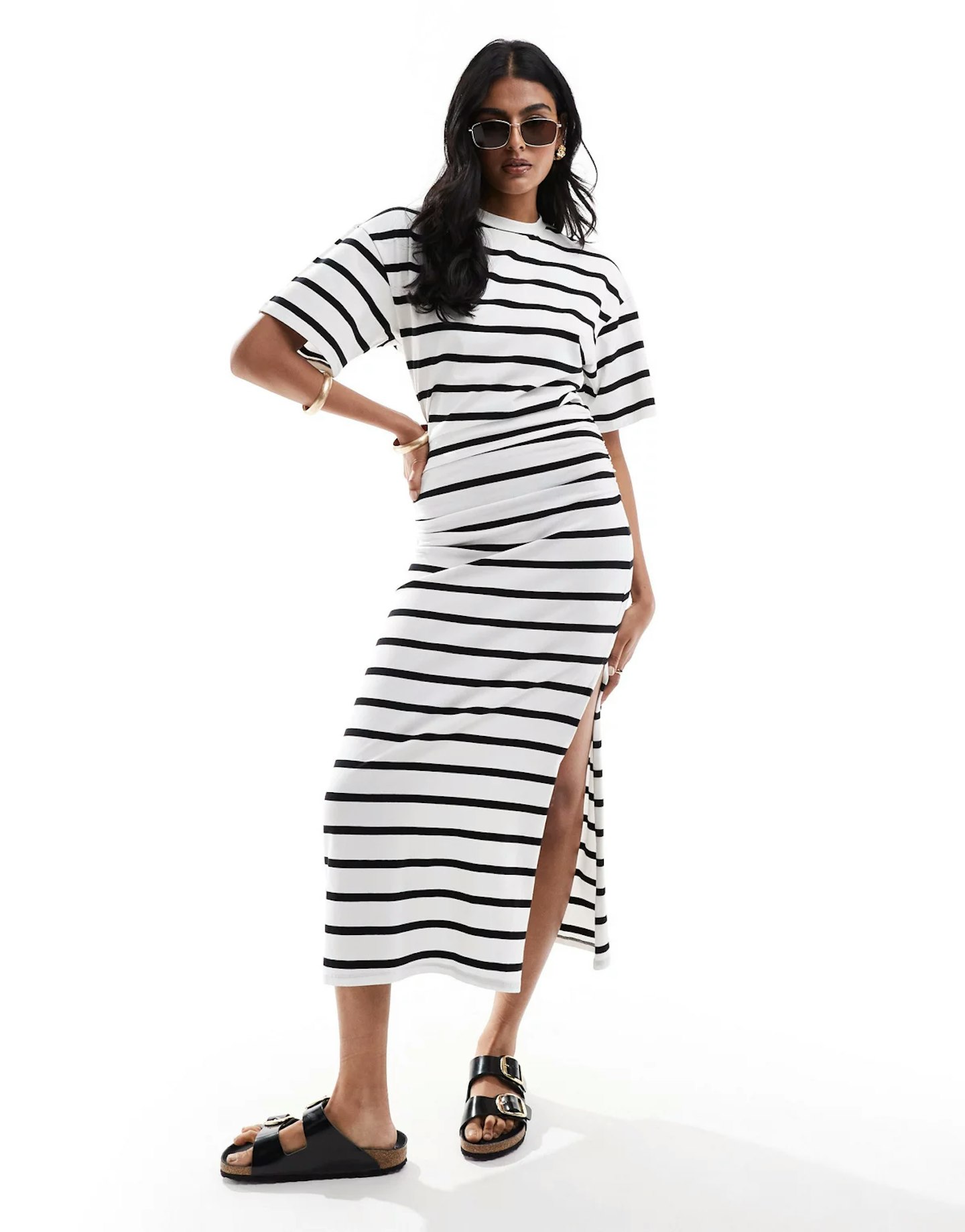 ASOS DESIGN crew neck midi t shirt dress with ruched side in black and white stripe