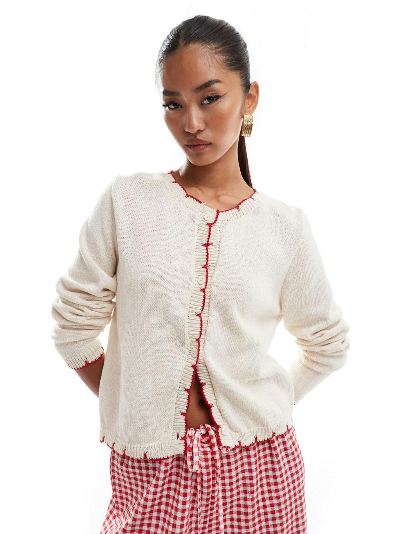 ASOS Design Ivory and Red Knitted Blanket Stitch Cardigan