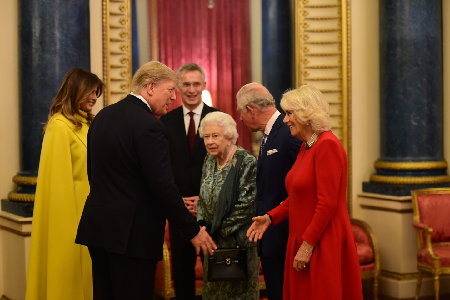 Donald and Melania Trump with Queen Elizabeth II, Charles and Camilla at a reception at Buckingham Palace in London on the first day of NATO Summit in Dcember 2019