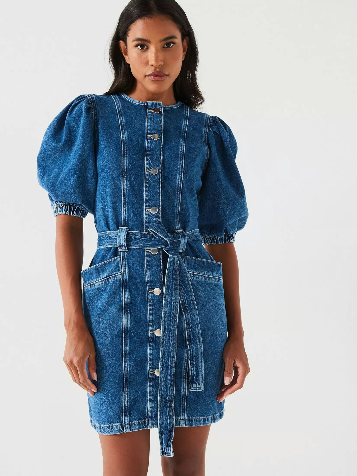 Denim puff sleeve mini dress - mid wash