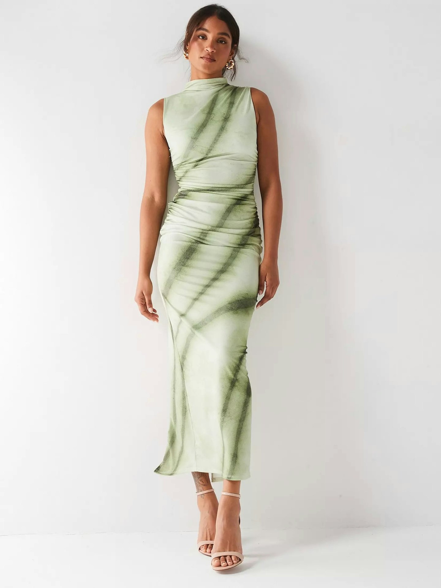 Ruched printed midaxi dress – green