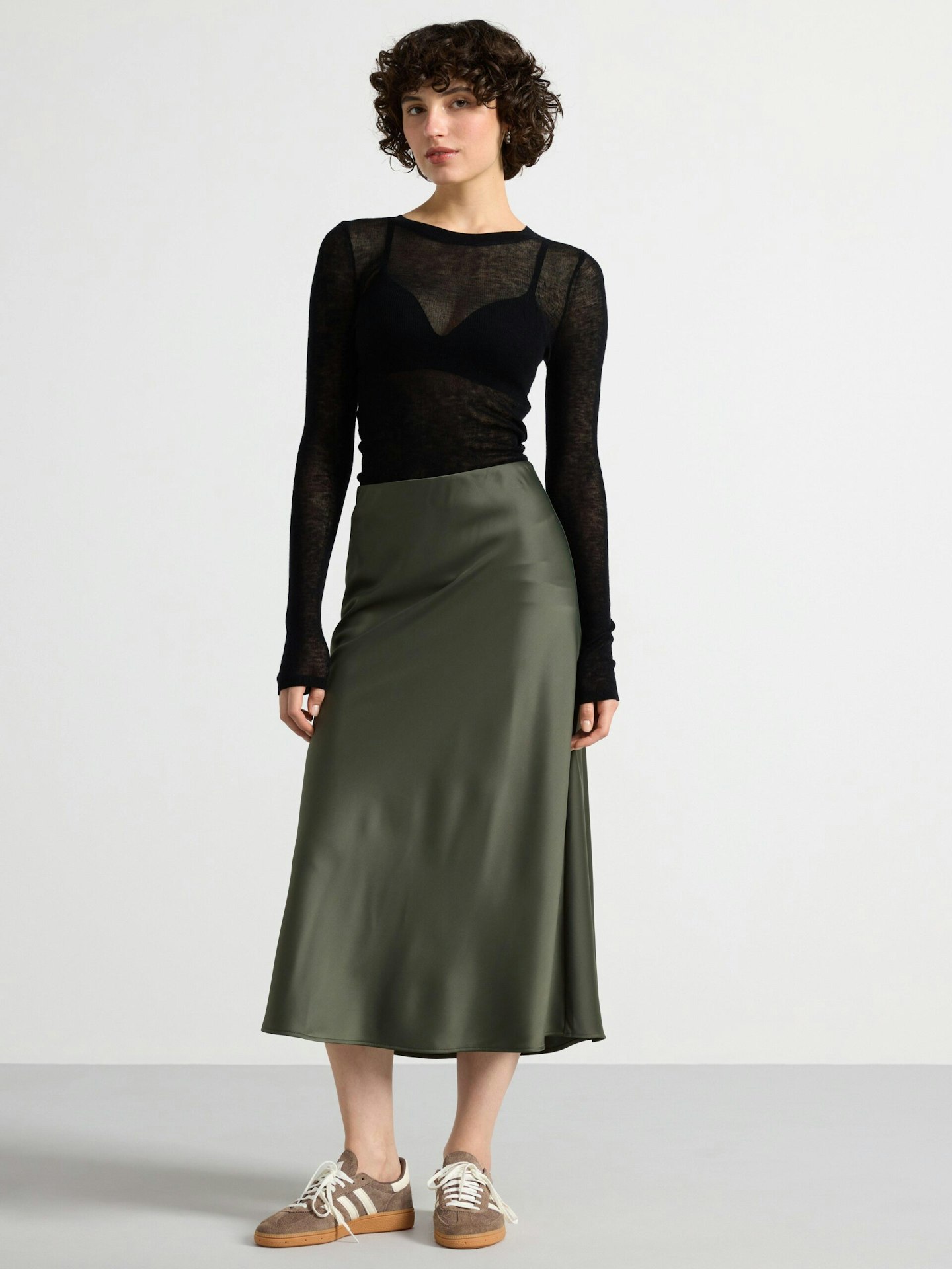 Lindex Khaki Midi Skirt In Satin