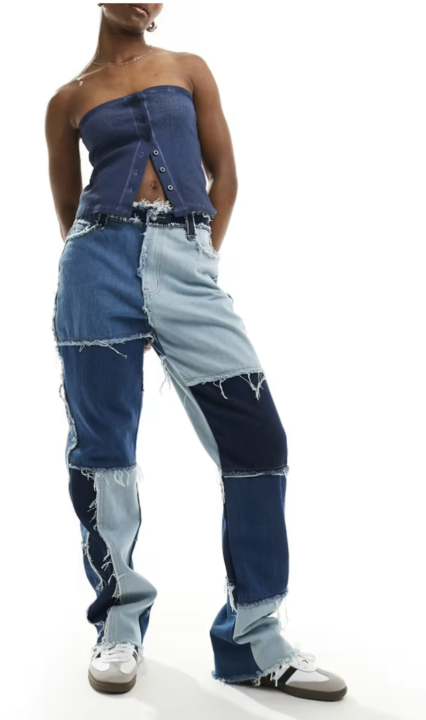 Jaded London boyfriend jeans in blue patchwork denim