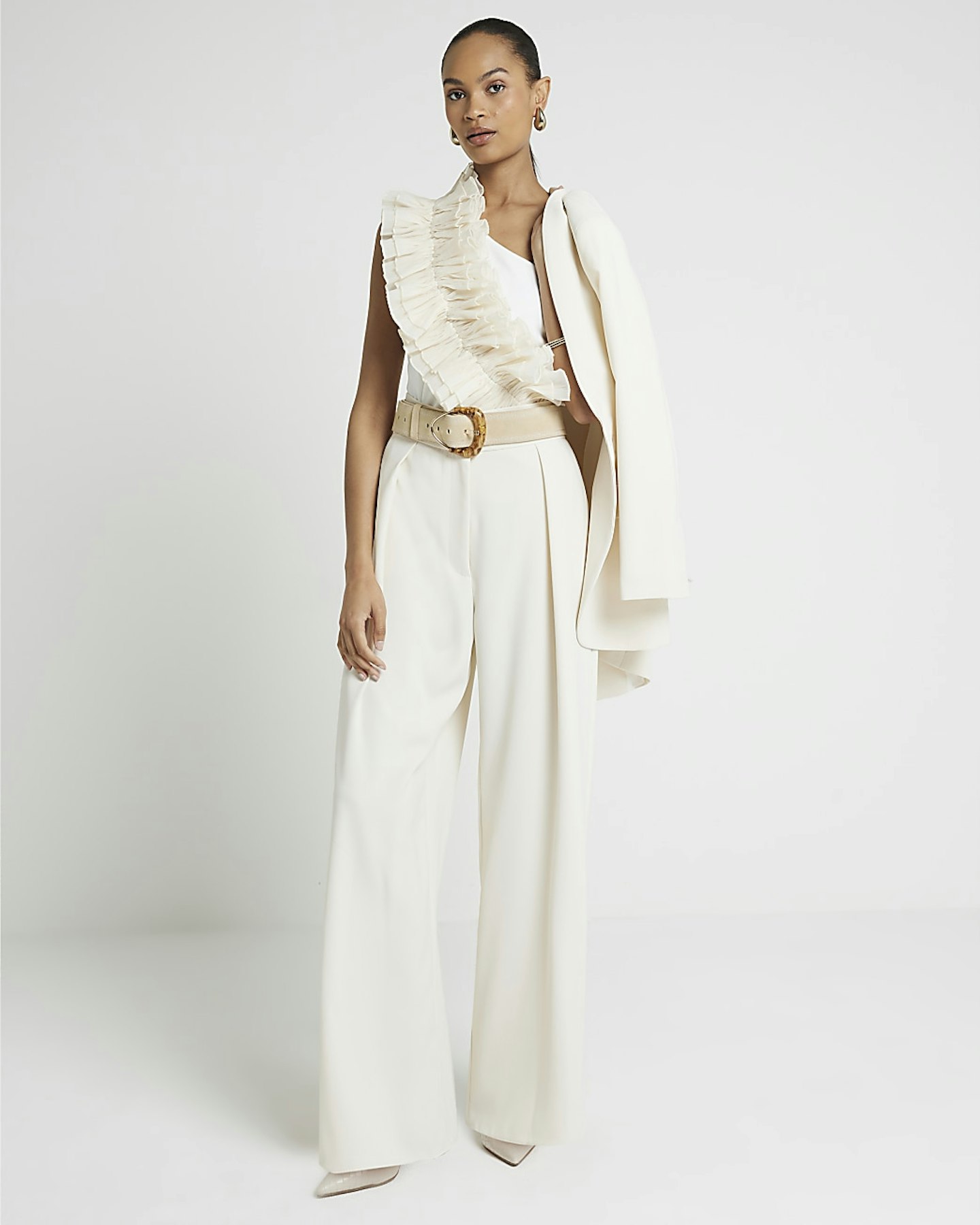 River Island Cream Pleated Wide Leg Trousers