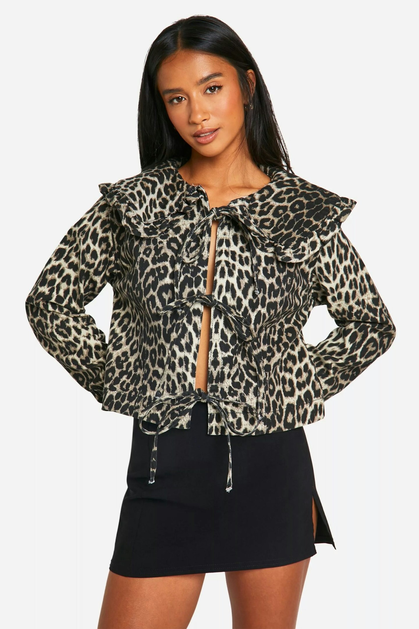 boohoo Leopard Print Collar Detail Tie Front Denim Jacket