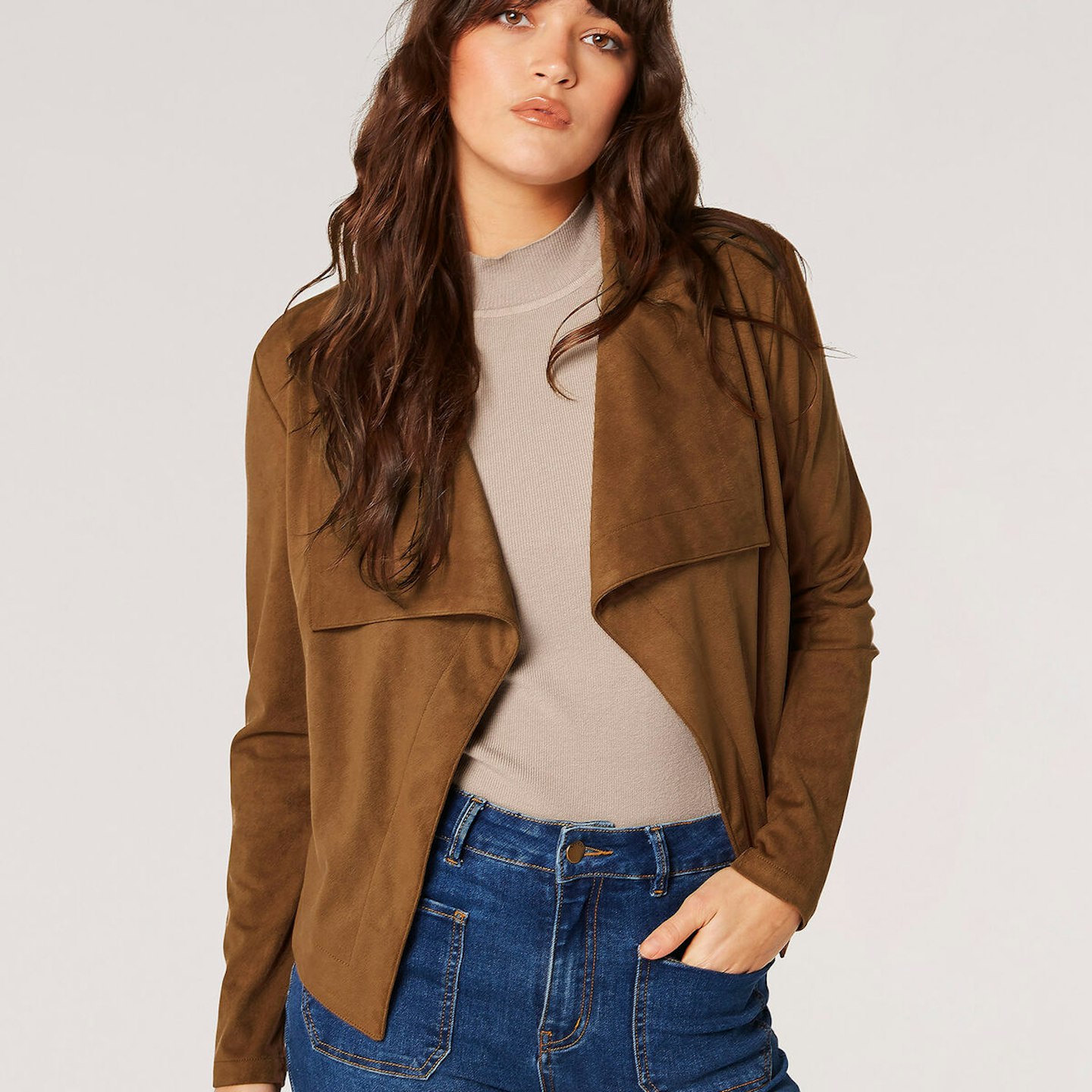 Apricot cropped suede waterfall jacket