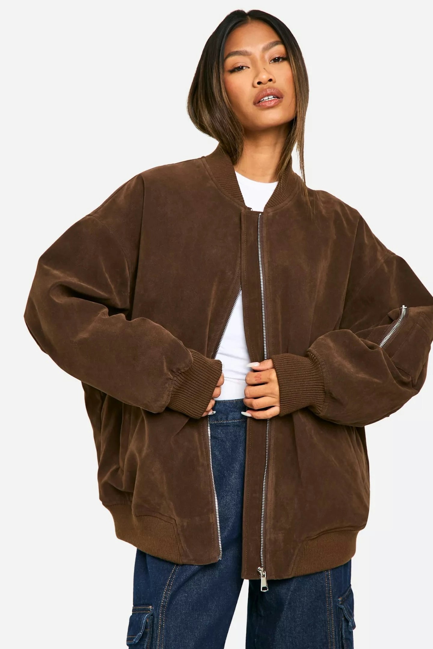 Boohoo vintage suede look oversized bomber jacket