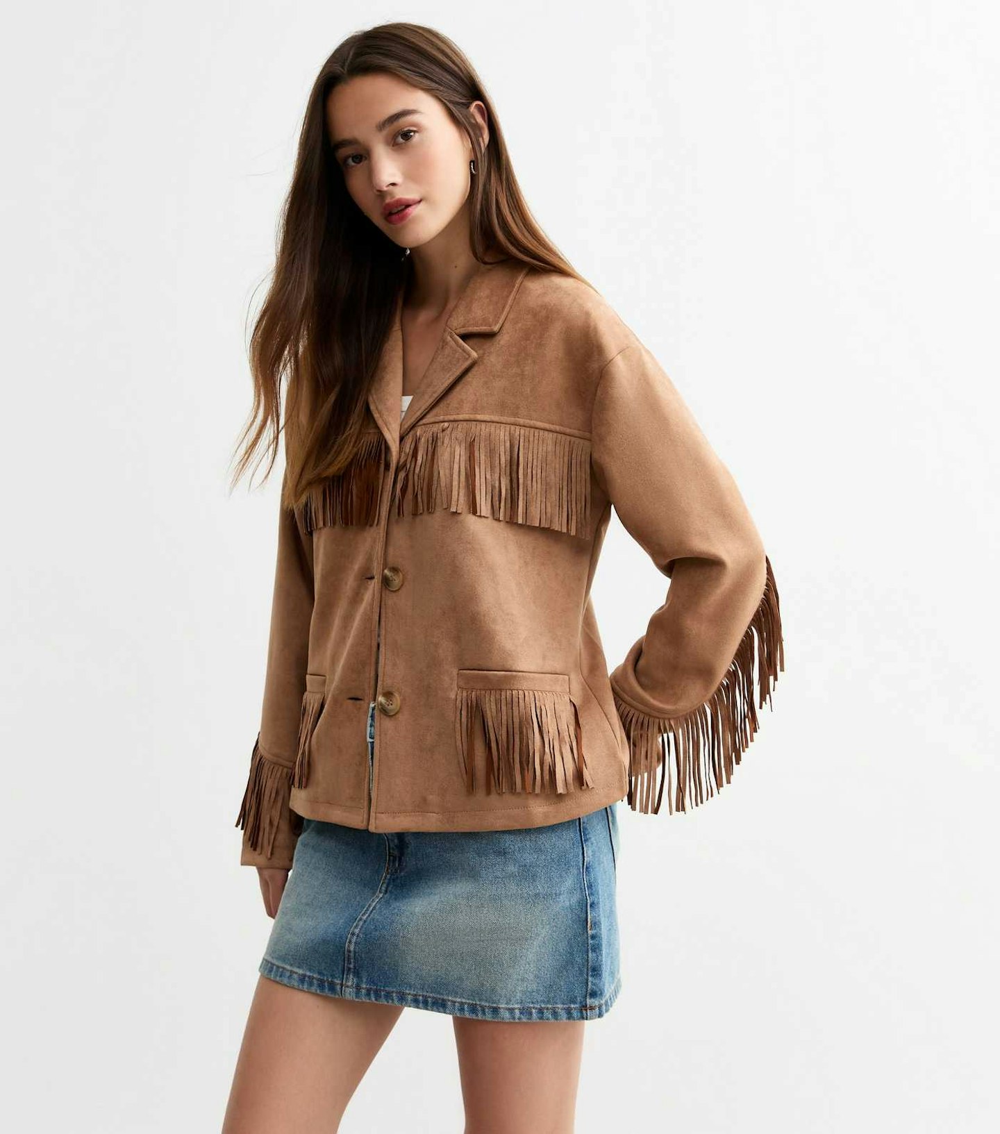 New Look stone suedette fringed jacket