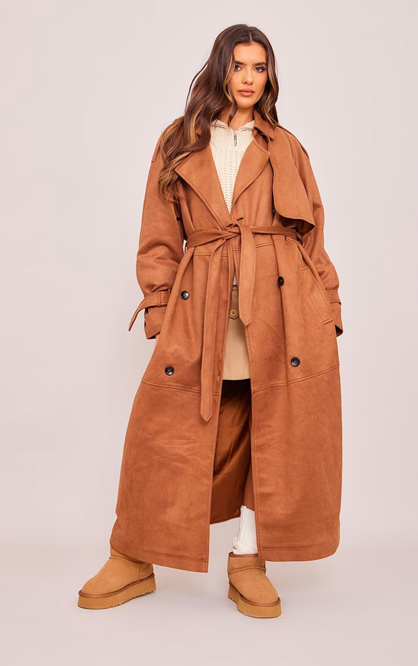 PrettyLittleThing tan faux suede trench coat