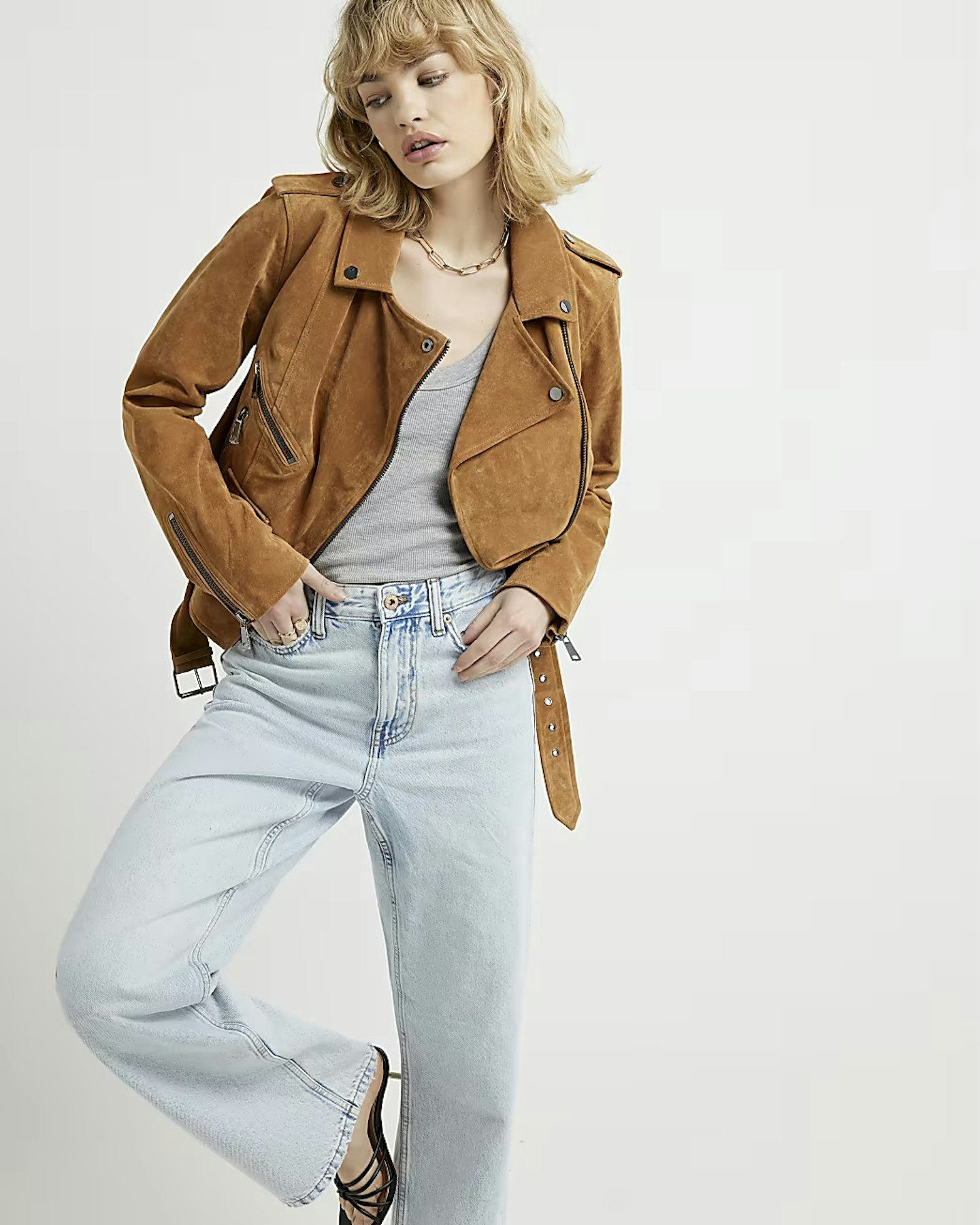 River Island brown suede belted biker jacket