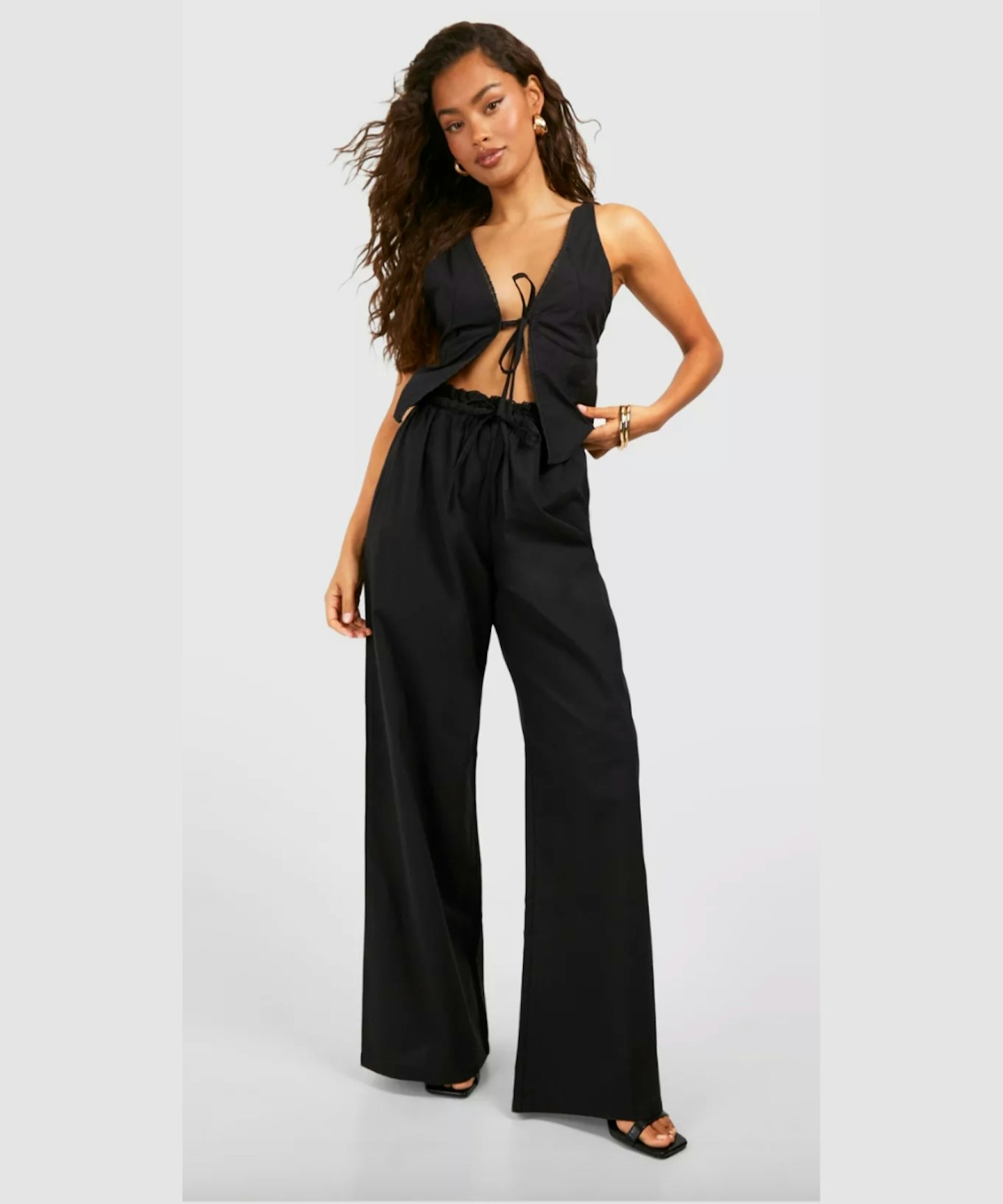 Boohoo, Lace Trim Tie Front Top & Wide Leg Trousers