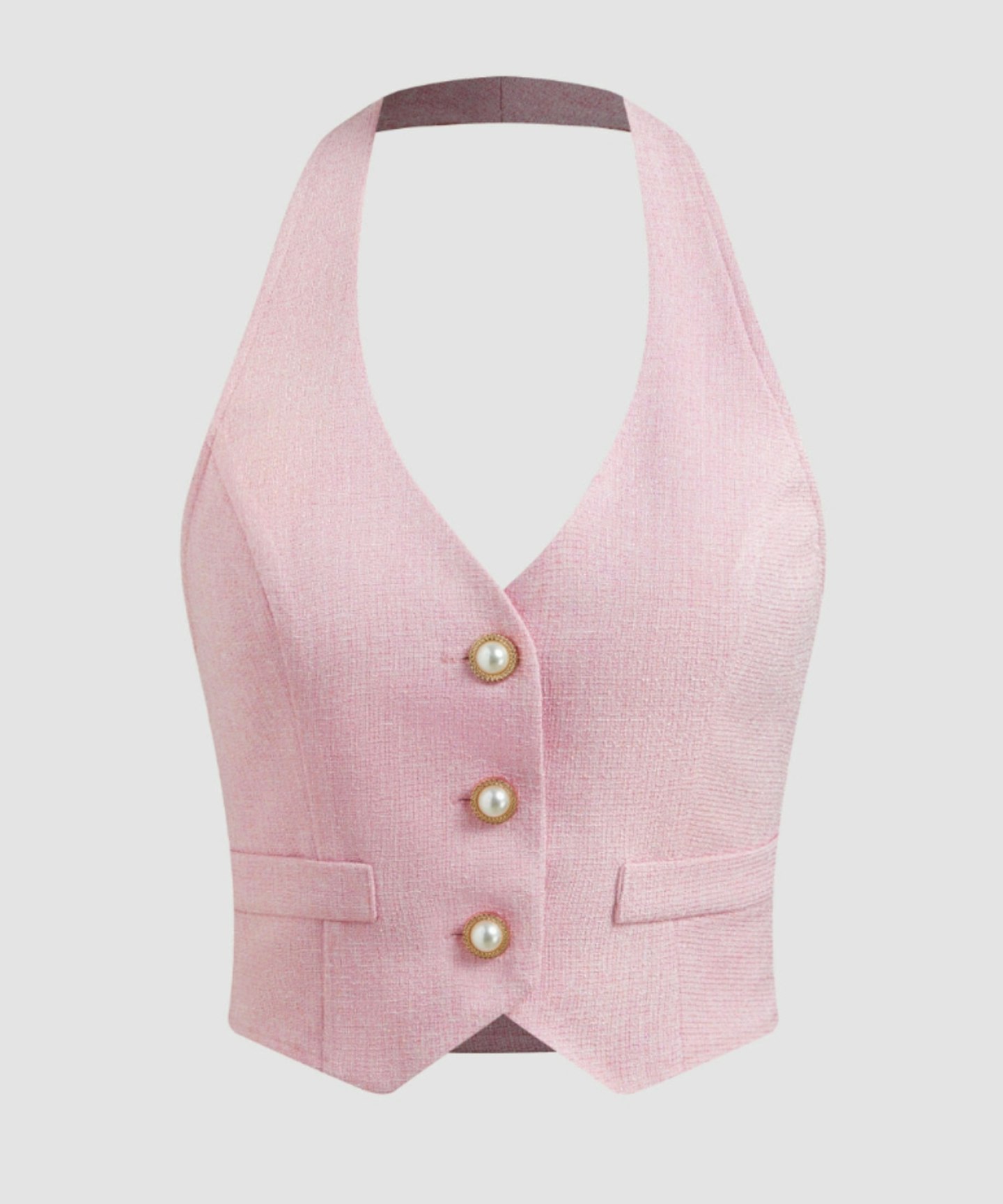 Cider, Woven Halter Pearl Button Crop Vest