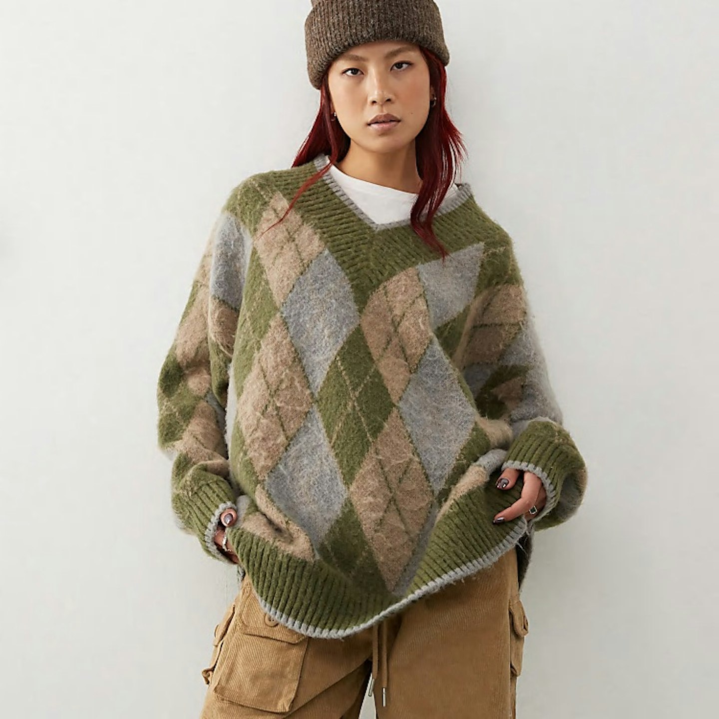 COLLUSION Oversized V-neck Argyle Jumper in Green