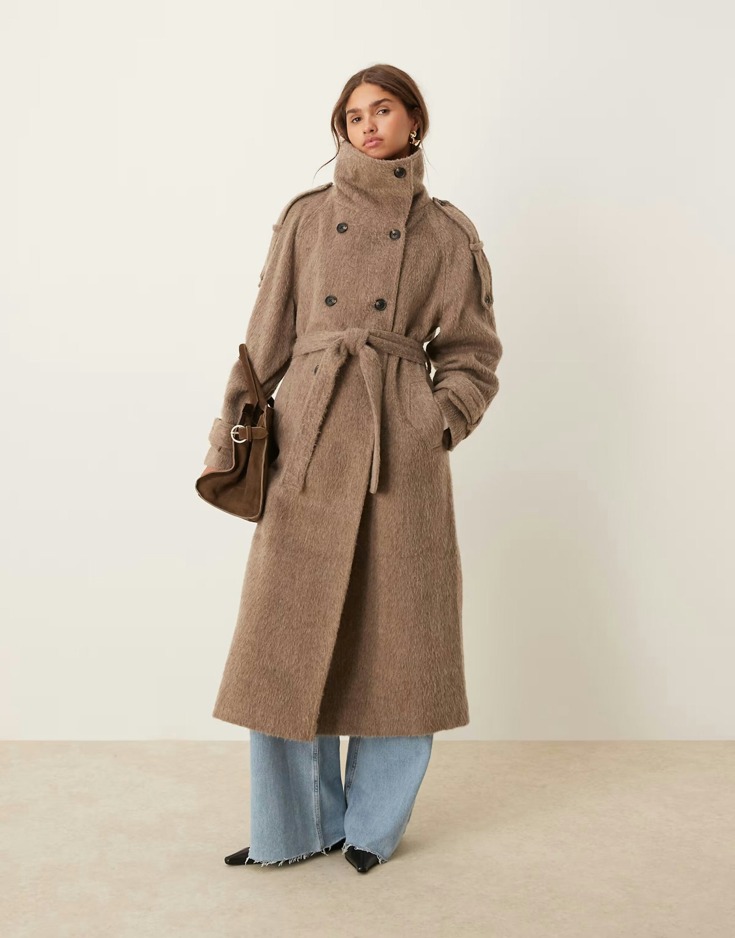 ASOS DESIGN Brushed Funnel Neck Trench Coat in Mushroom