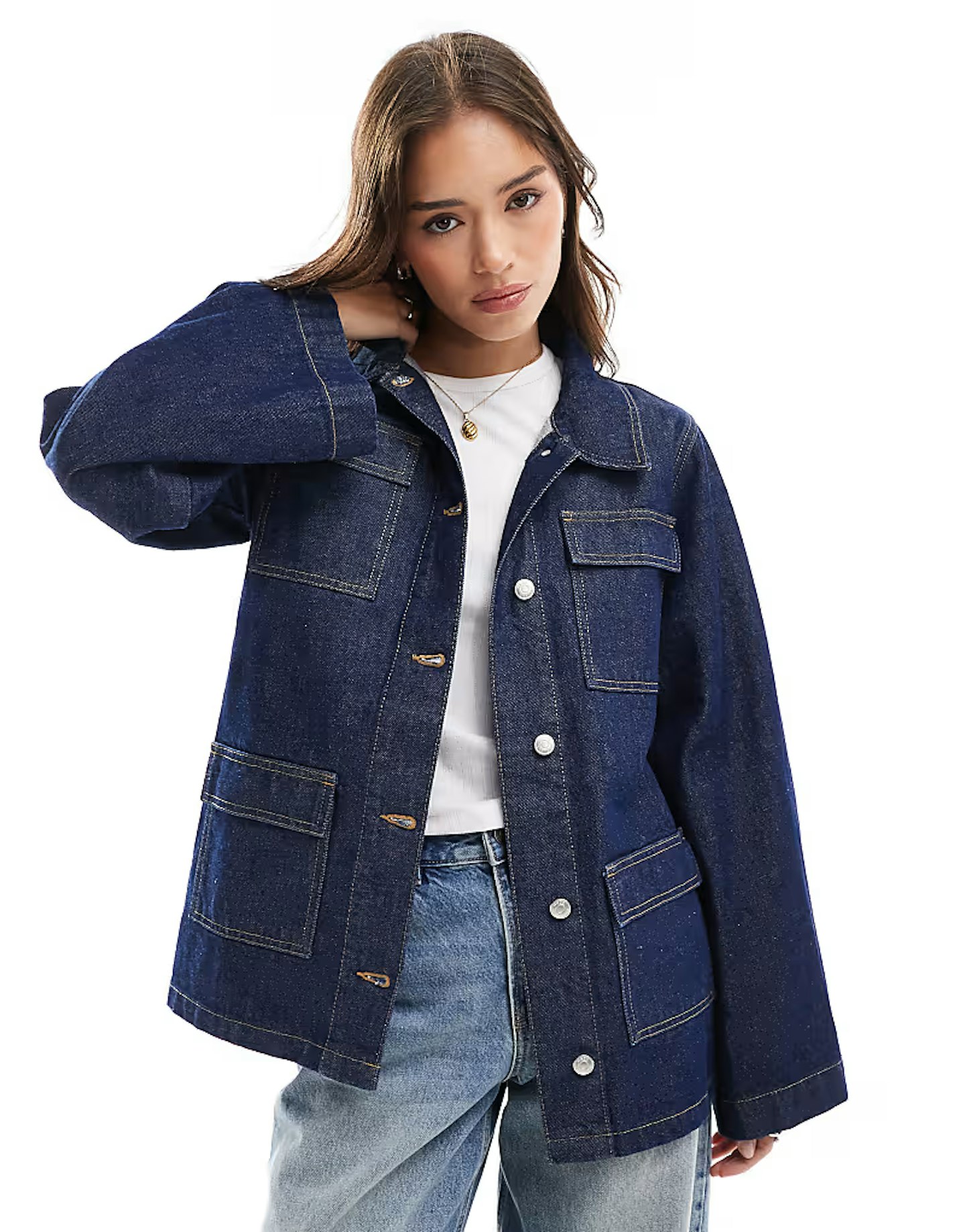 ASOS DESIGN Denim Multi Pocket Jacket in Mid Blue