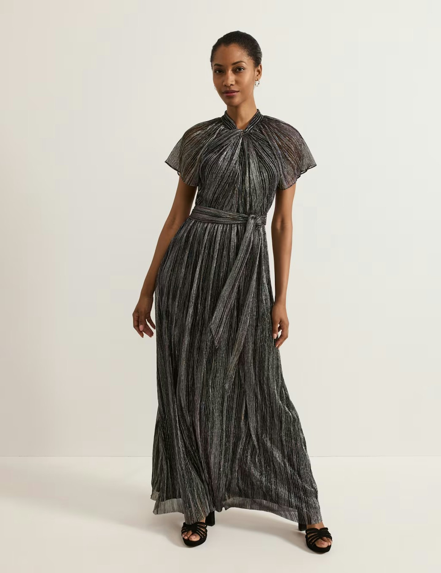 Metallic tie waist maxi column dress