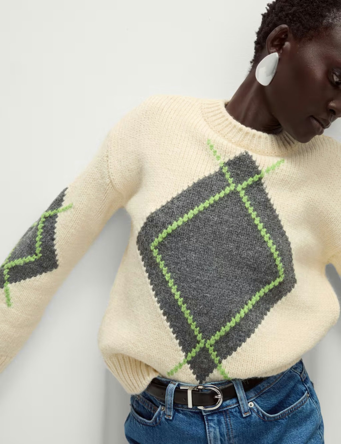 Ribbed argyle crew neck jumper