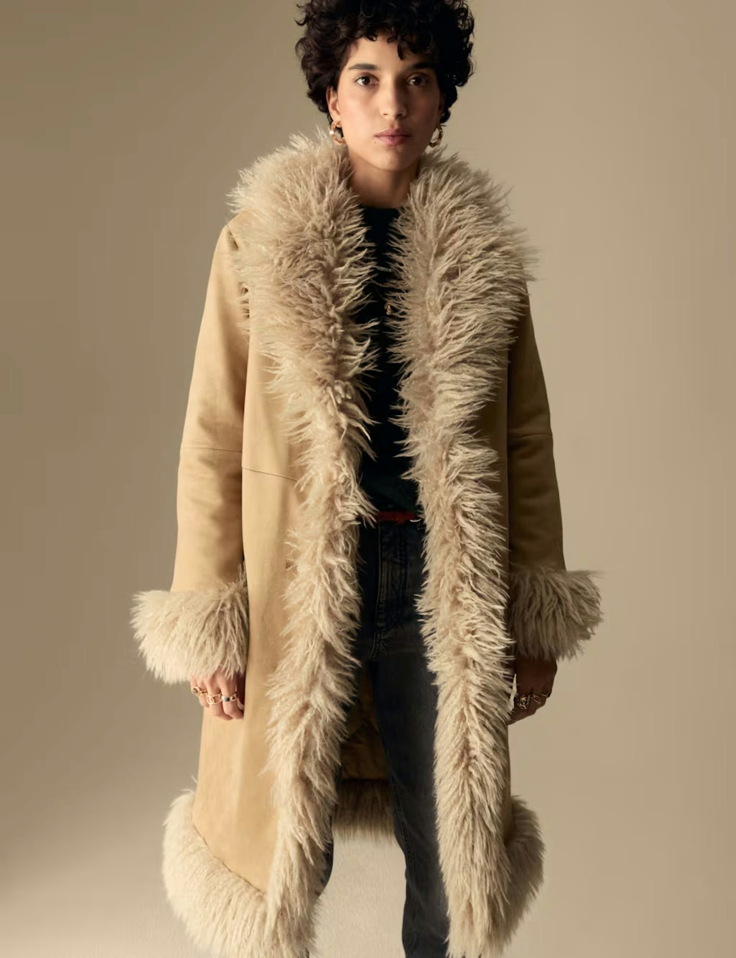 Suedette faux fur trim longline coat