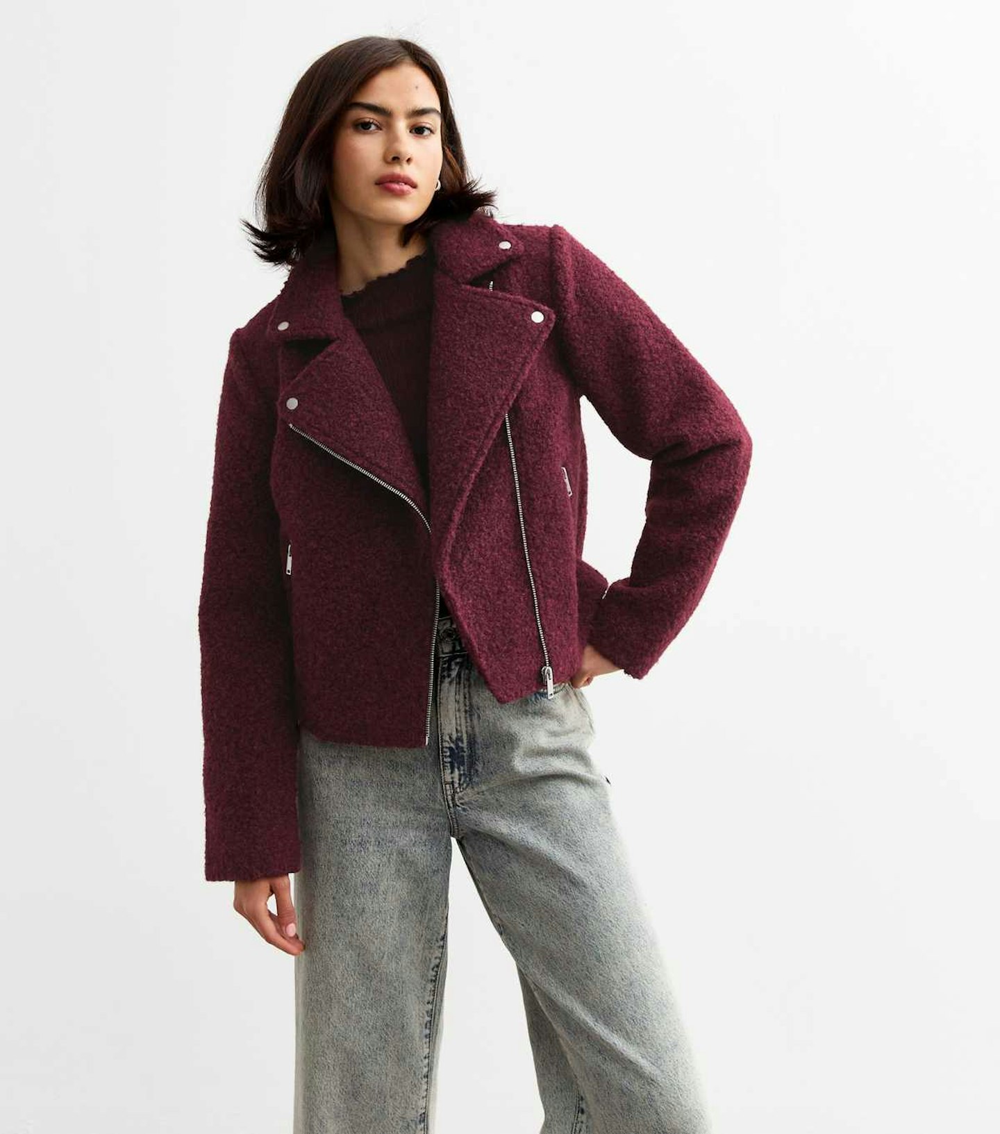 New Look Burgundy Bouclé Biker Jacket