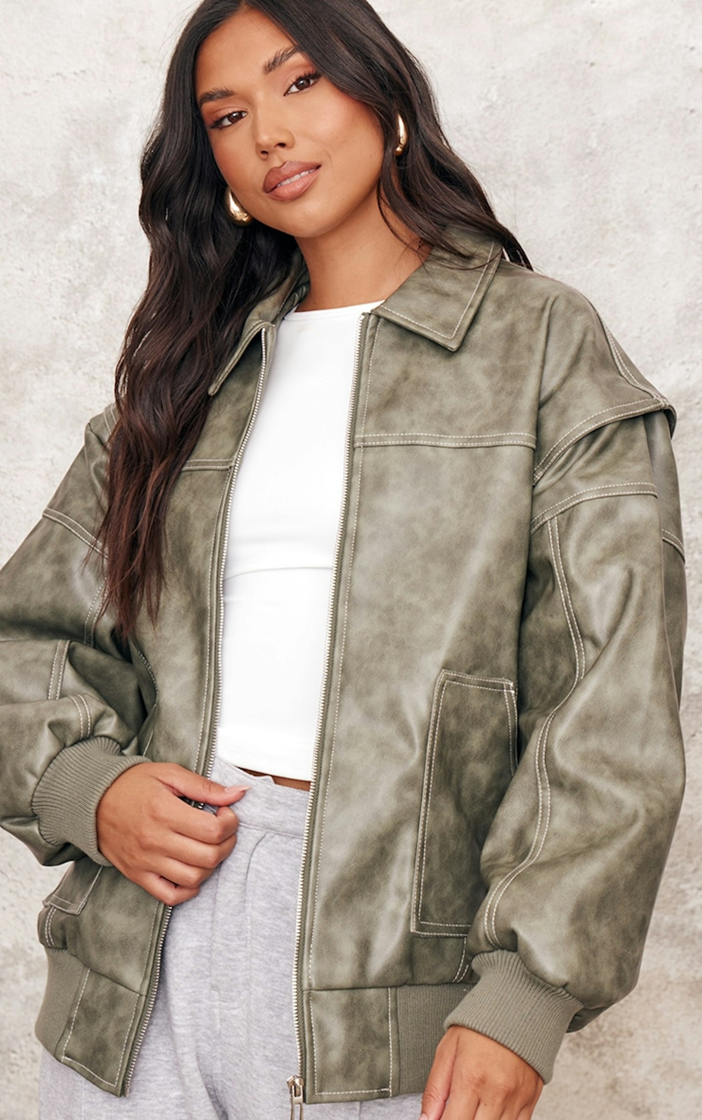 PrettyLittleThing Washed Green Distressed Faux Leather Oversized Longline Bomber Jacket