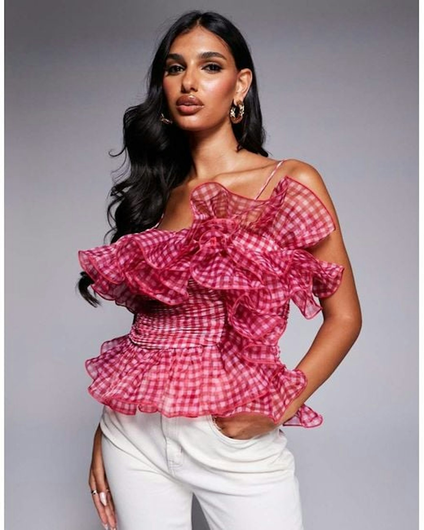 ASOS LUXE Ruffle Organza Gingham Top in Pink and White