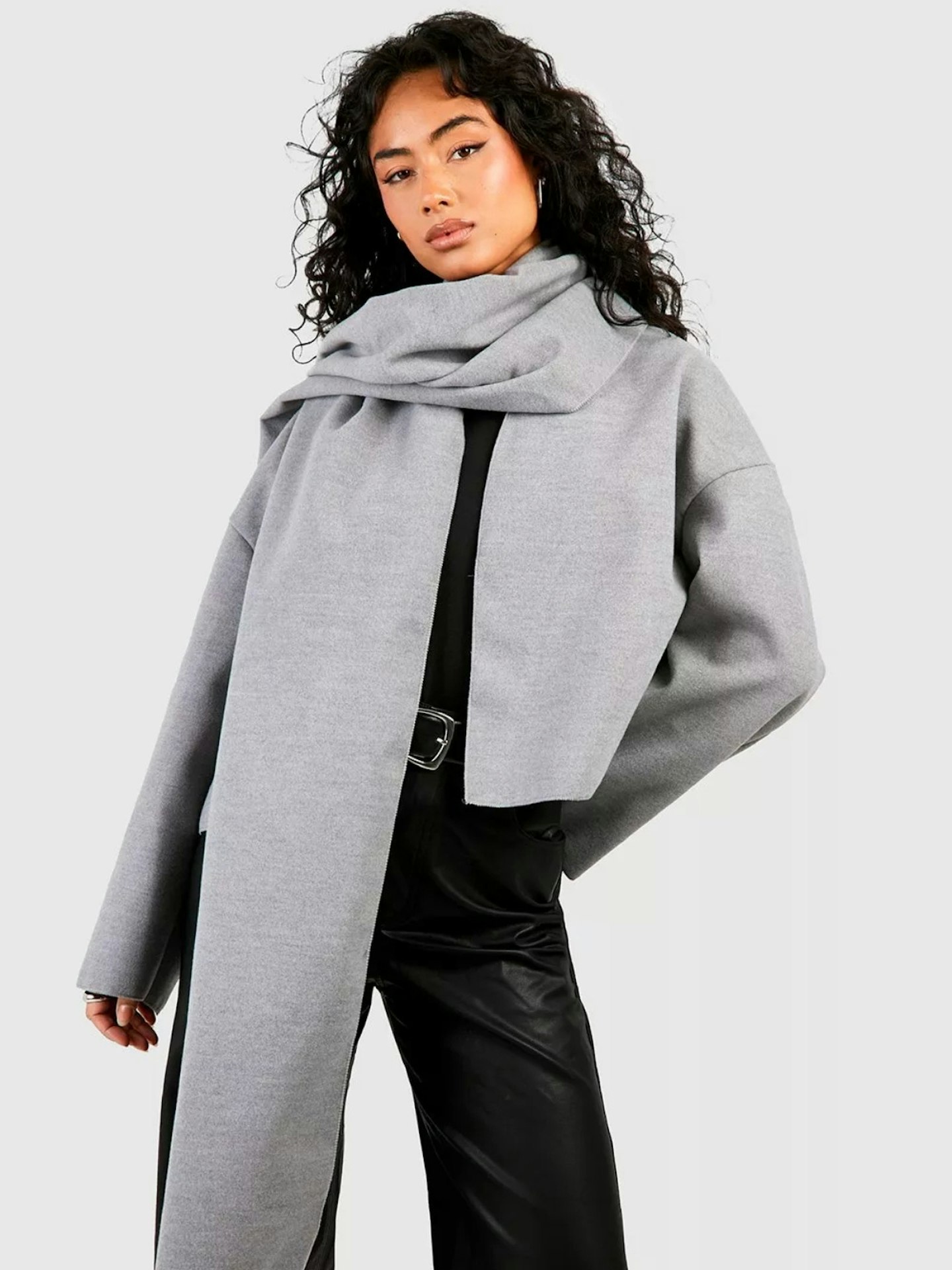 Boohoo 2 In 1 Scarf Detail Wool Look Short Coat