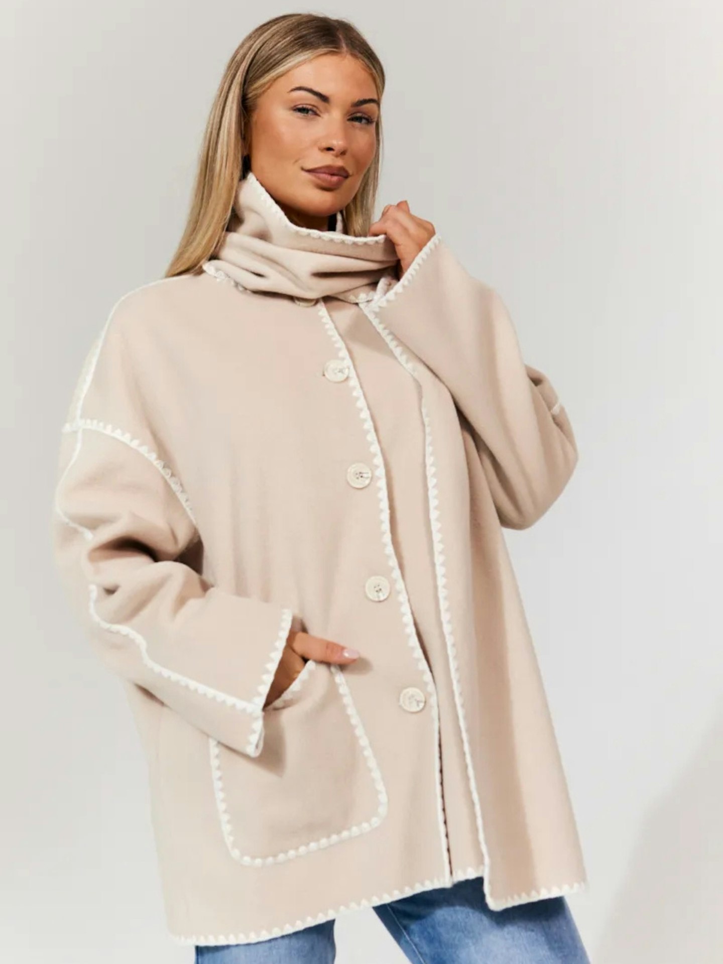 In The Style Cream Scarf Contrast Stitching Wool Blend Coat