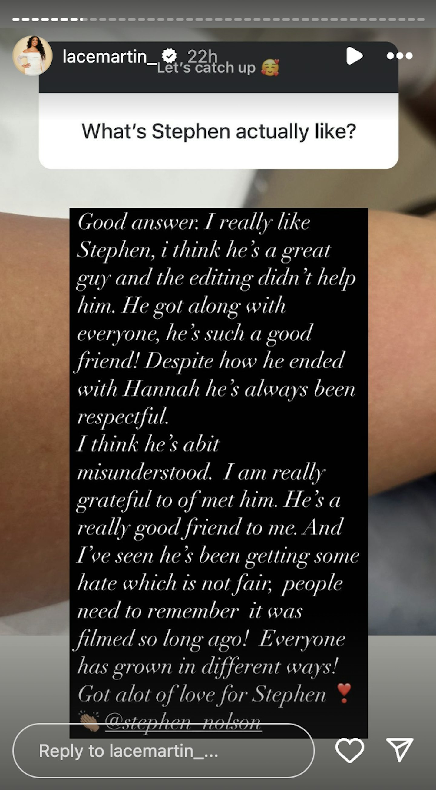 mafs lacey talking about stephen on her instagram story