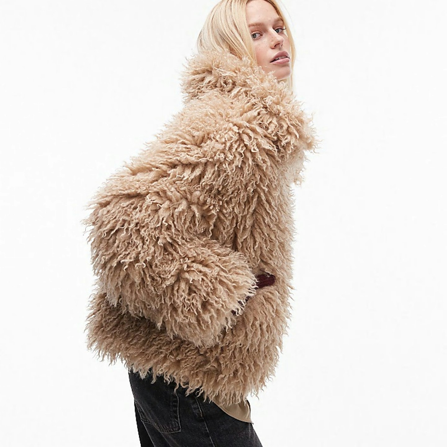 Topshop faux mongolian fur bomber jacket in light brown