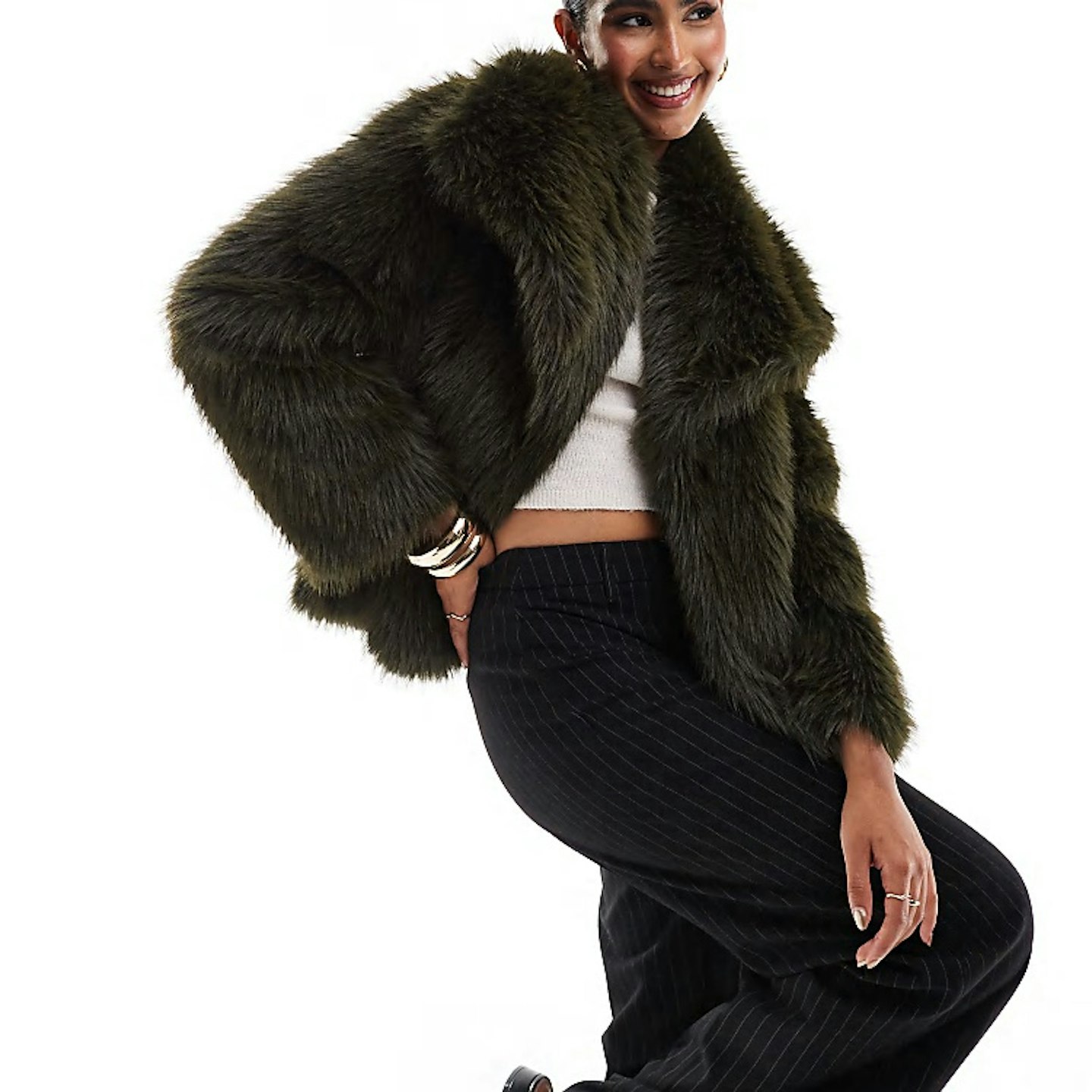 Stradivarius exaggerated collar detail faux fur jacket in khaki 