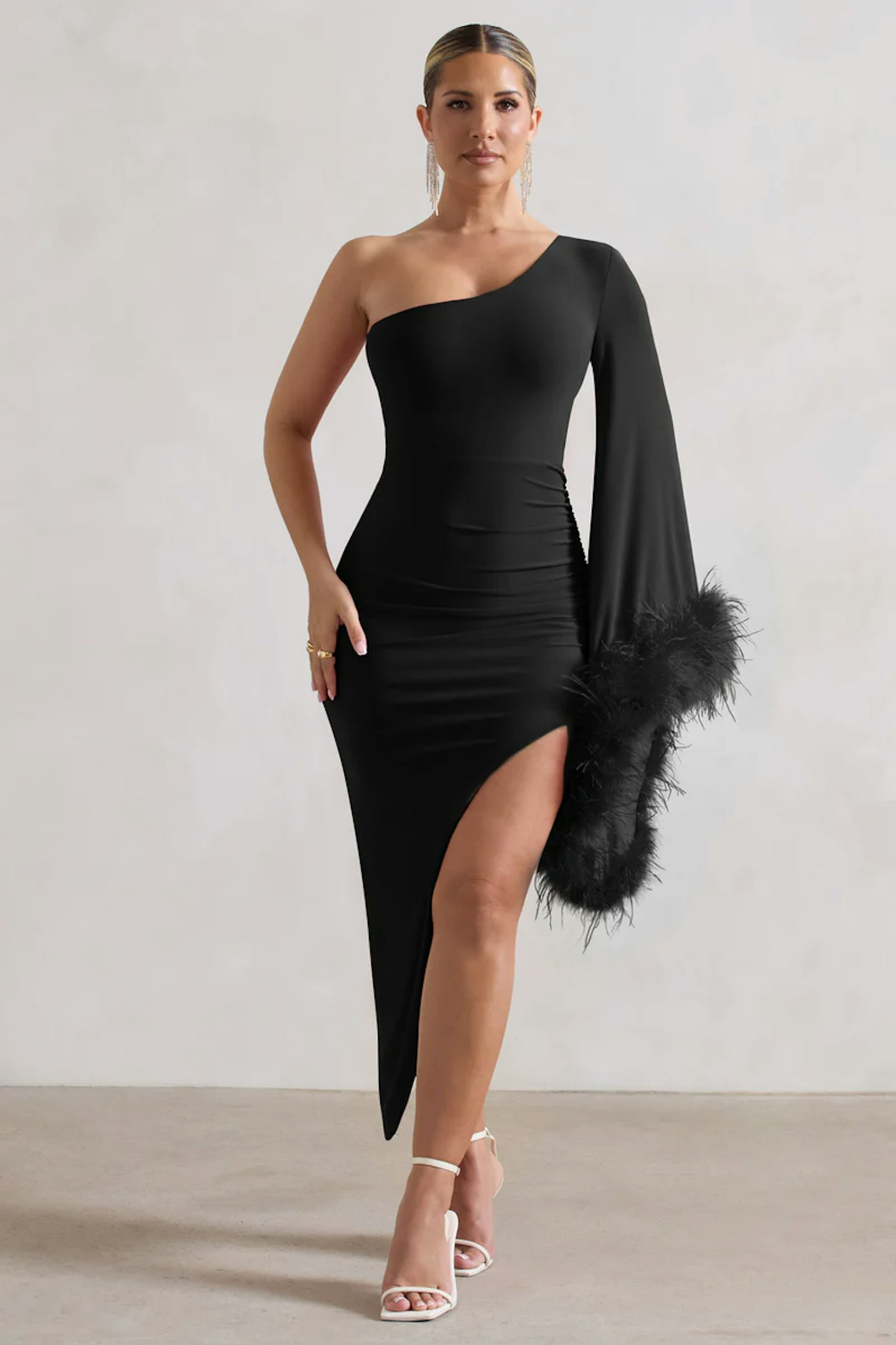 July black asymmetric one shoulder cape midi dress with feathers