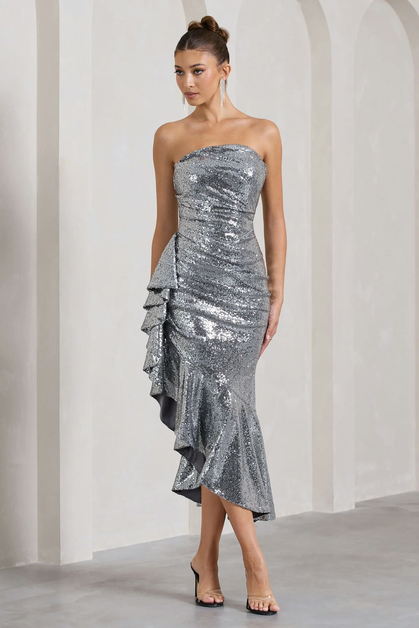 LIMITED EDITION, New World silver sequin strapless maxi dress with ruffles