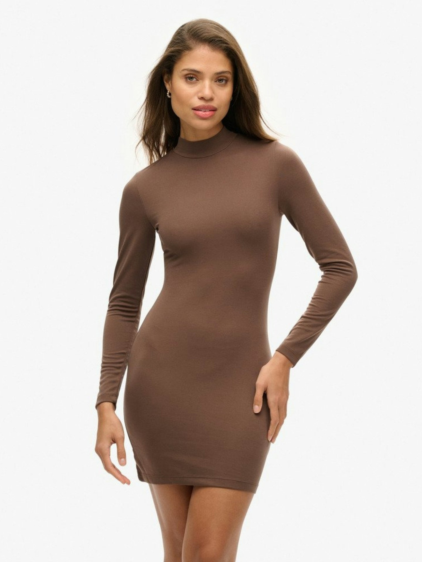 High Neck Long Sleeve Jersey Mini Dress