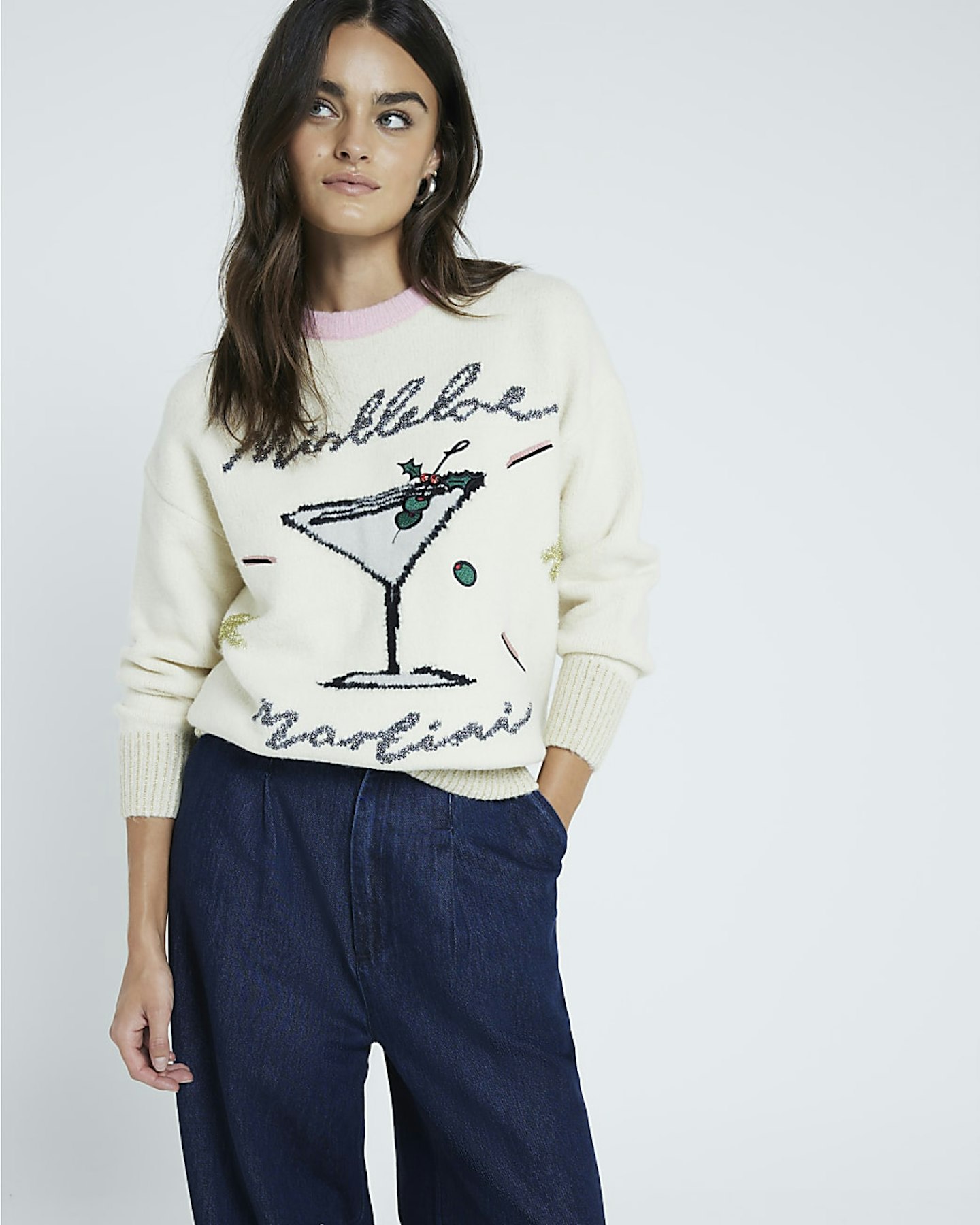 River Island Cream Mistletoe Martini Christmas Jumper