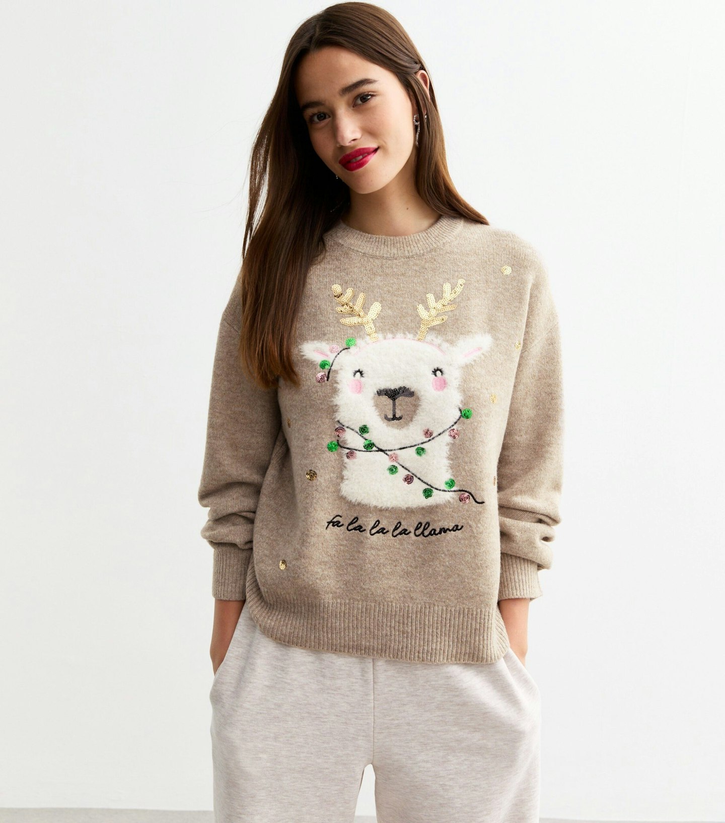 Beige Christmas Llama Soft Knit Long Sleeve Jumper