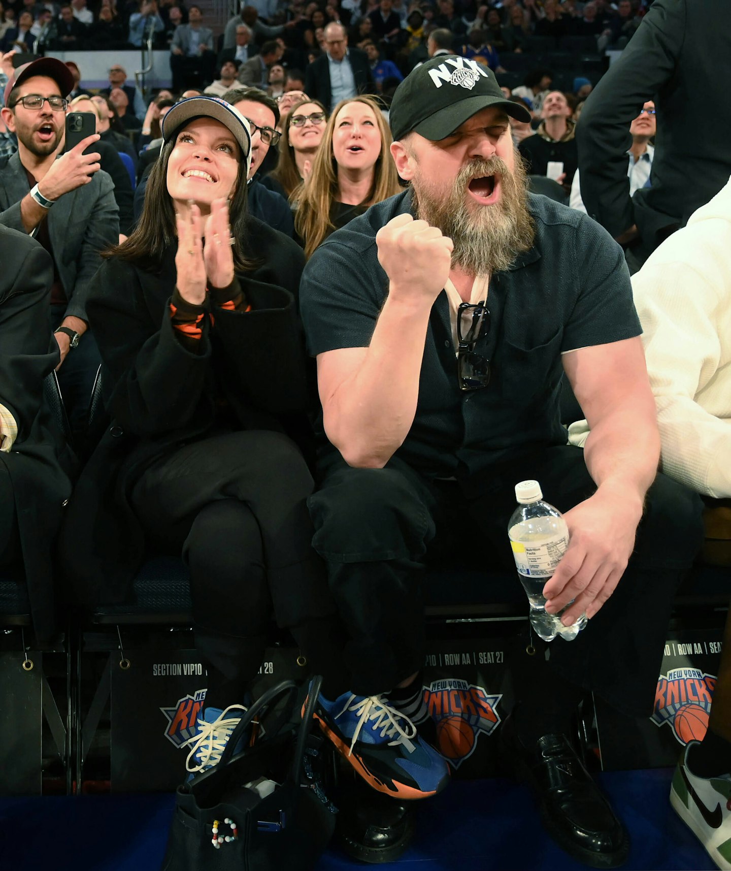 Lily Allen and David Harbour at a basketball game in New York in February 2024