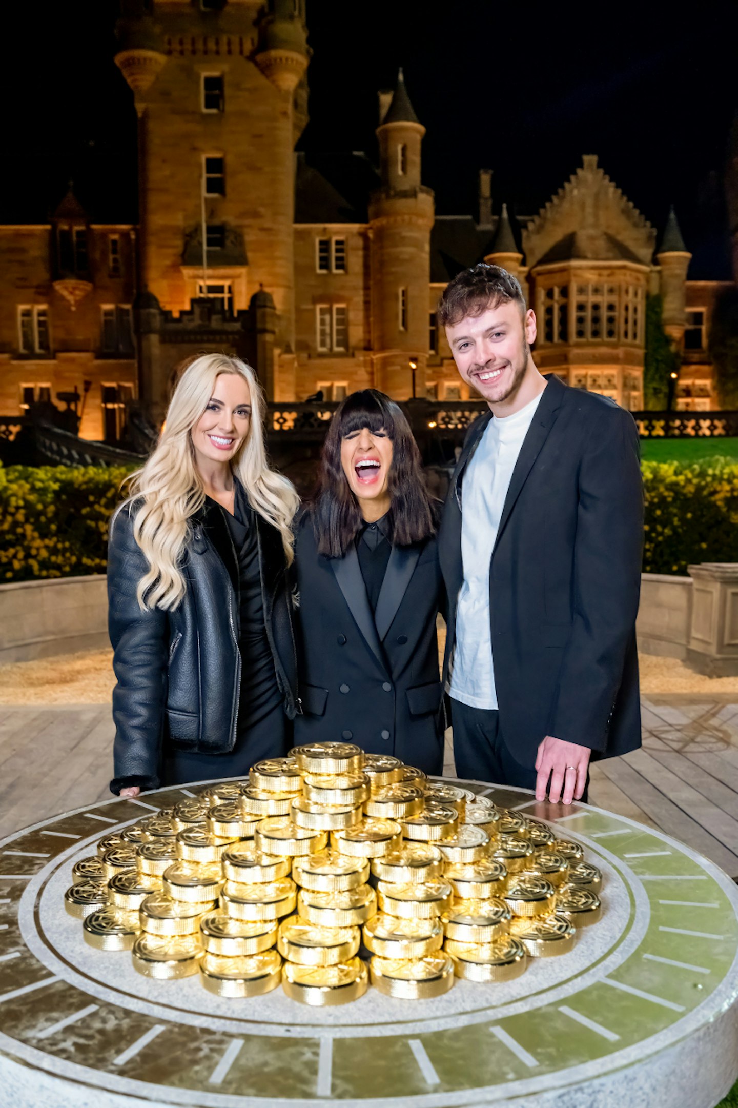 The Traitors' Leanne Quigley, Claudia Winkleman and Jake Brown