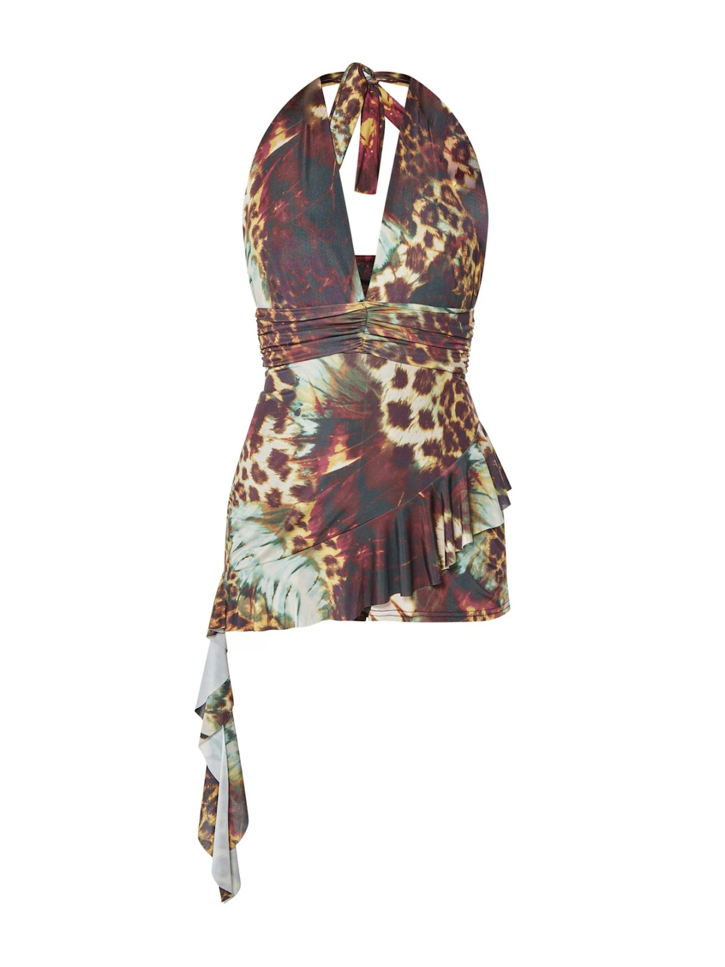 PrettyLittleThing Multi Leopard Floral Print Slinky Halterneck Drape Skort Playsuit