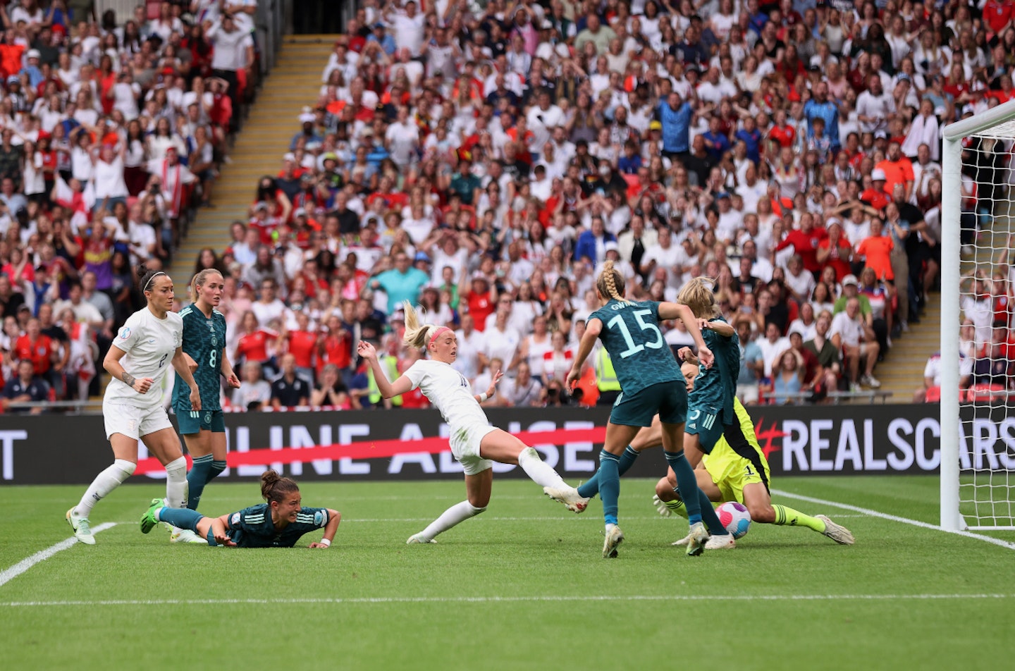 Chloe Kelly of England scores their team's second goal during the UEFA Women's Euro 2022 final match between England and Germany at Wembley Stadium on July 31, 2022 in London, England