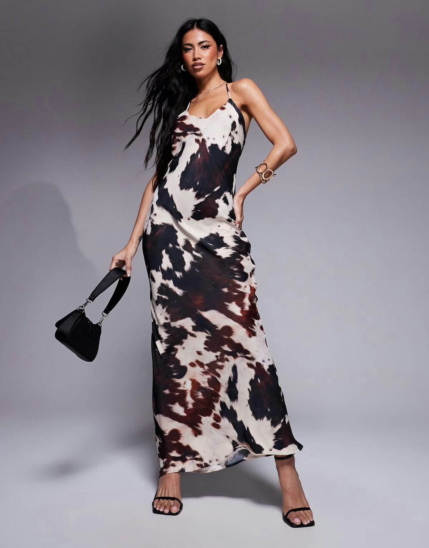 ASOS Design Satin V Neck Strappy Maxi Dress In Cow Print