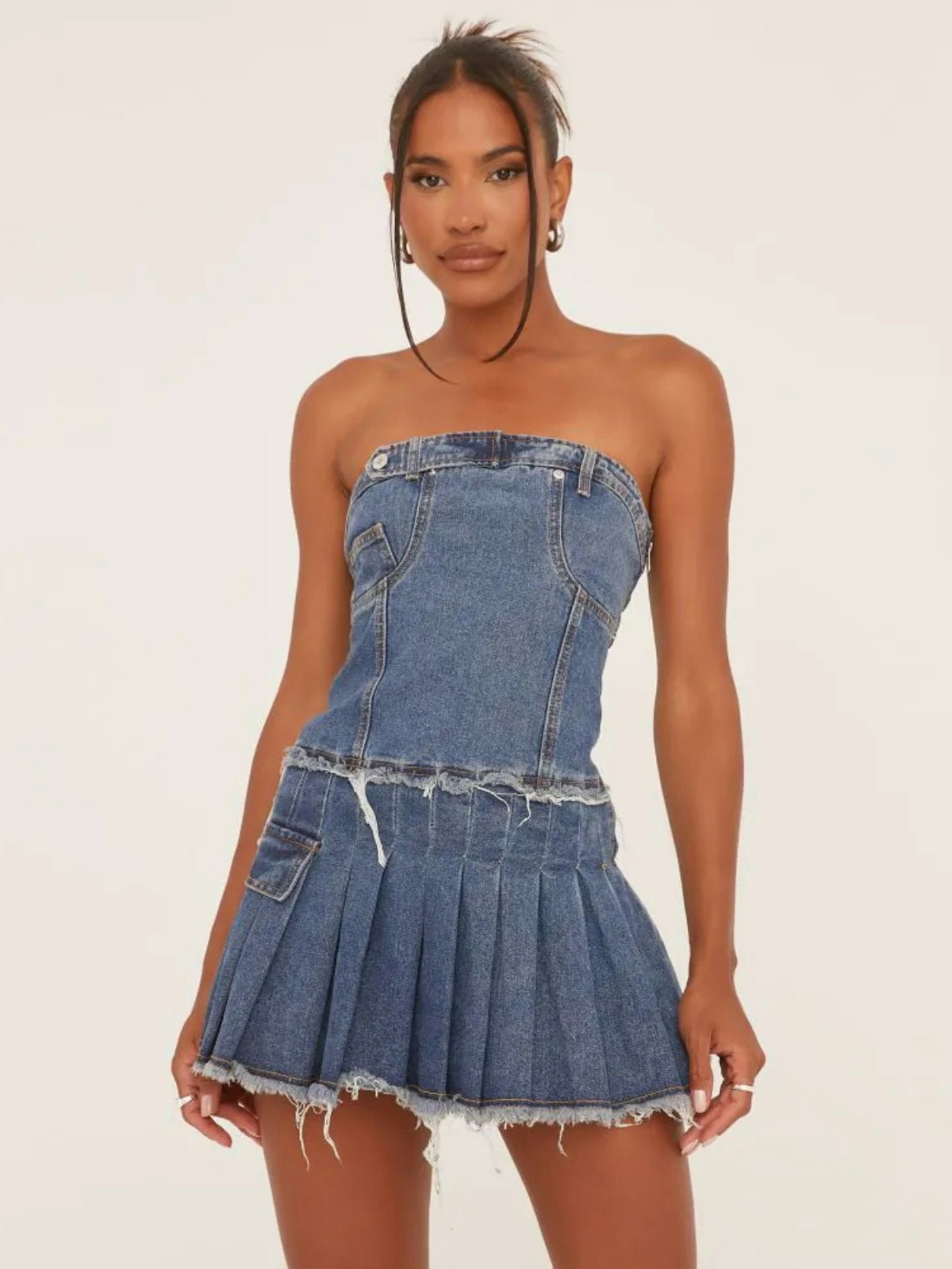 EGO Bandeau Distressed Detail Pleated Mini Dress In Blue Denim