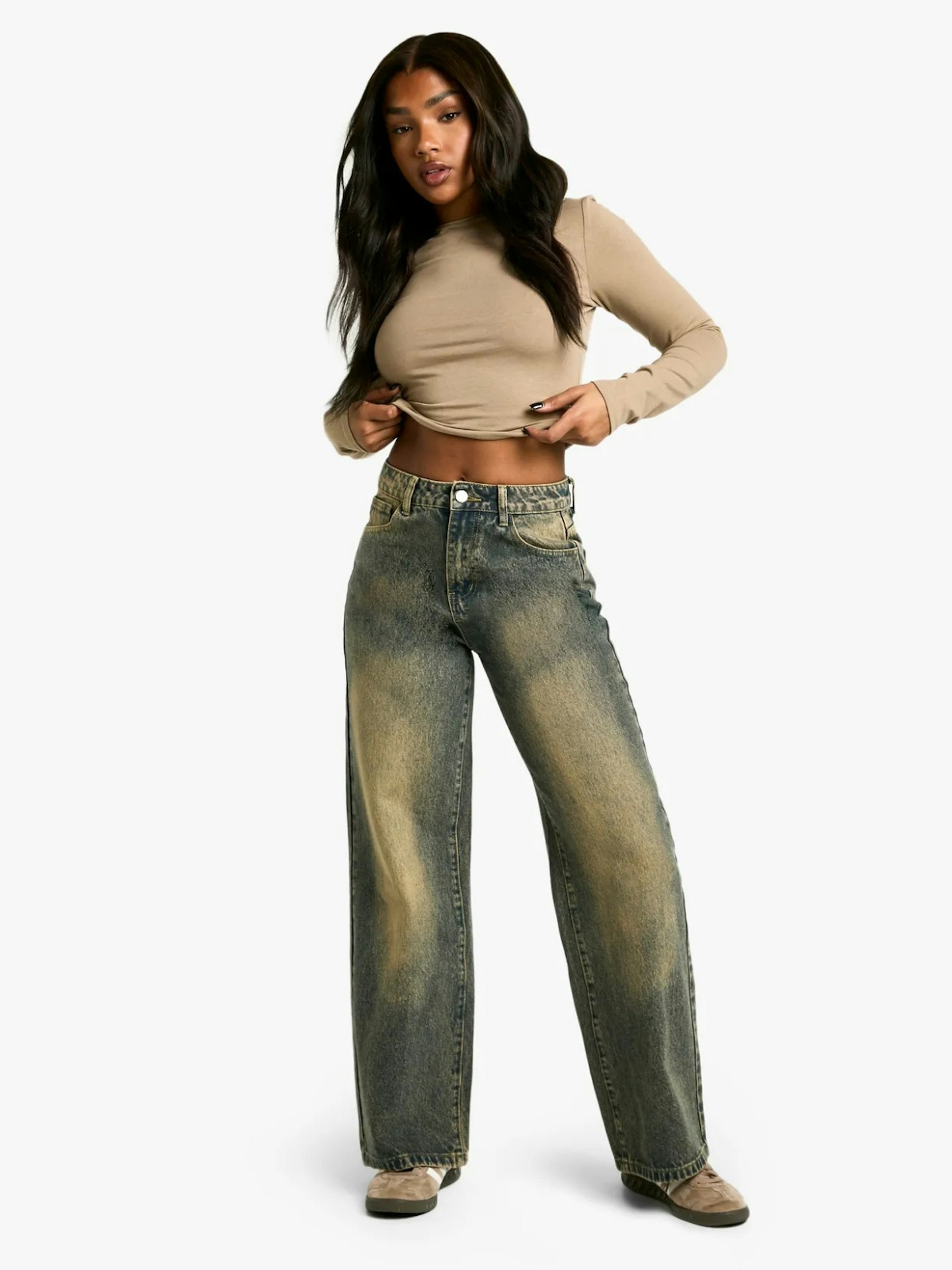 boohoo Basics Sand Wash High Waisted Super Wide Leg Jeans