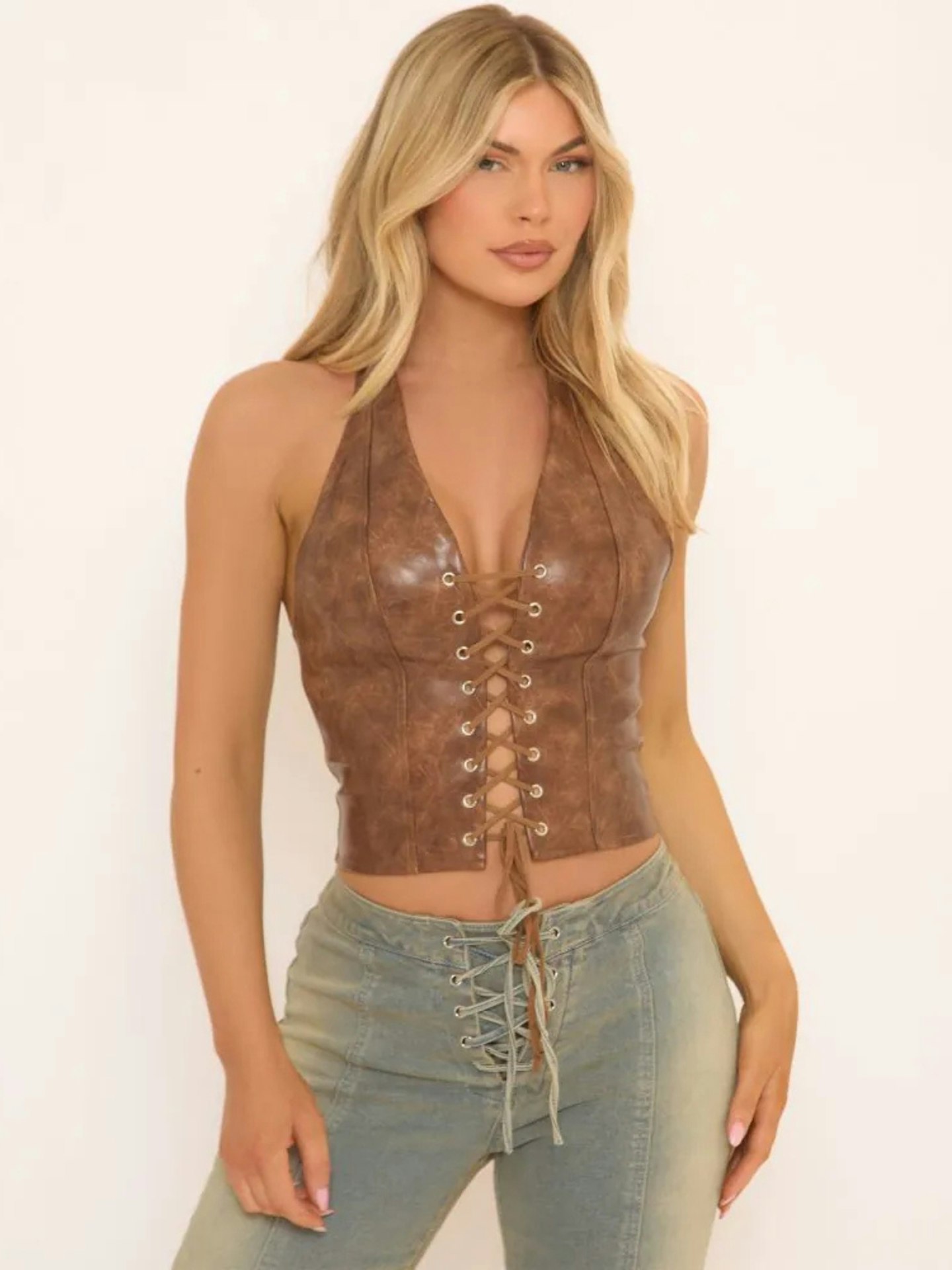 EGO Plunge Lace Up Top In Washed Brown Faux Leather