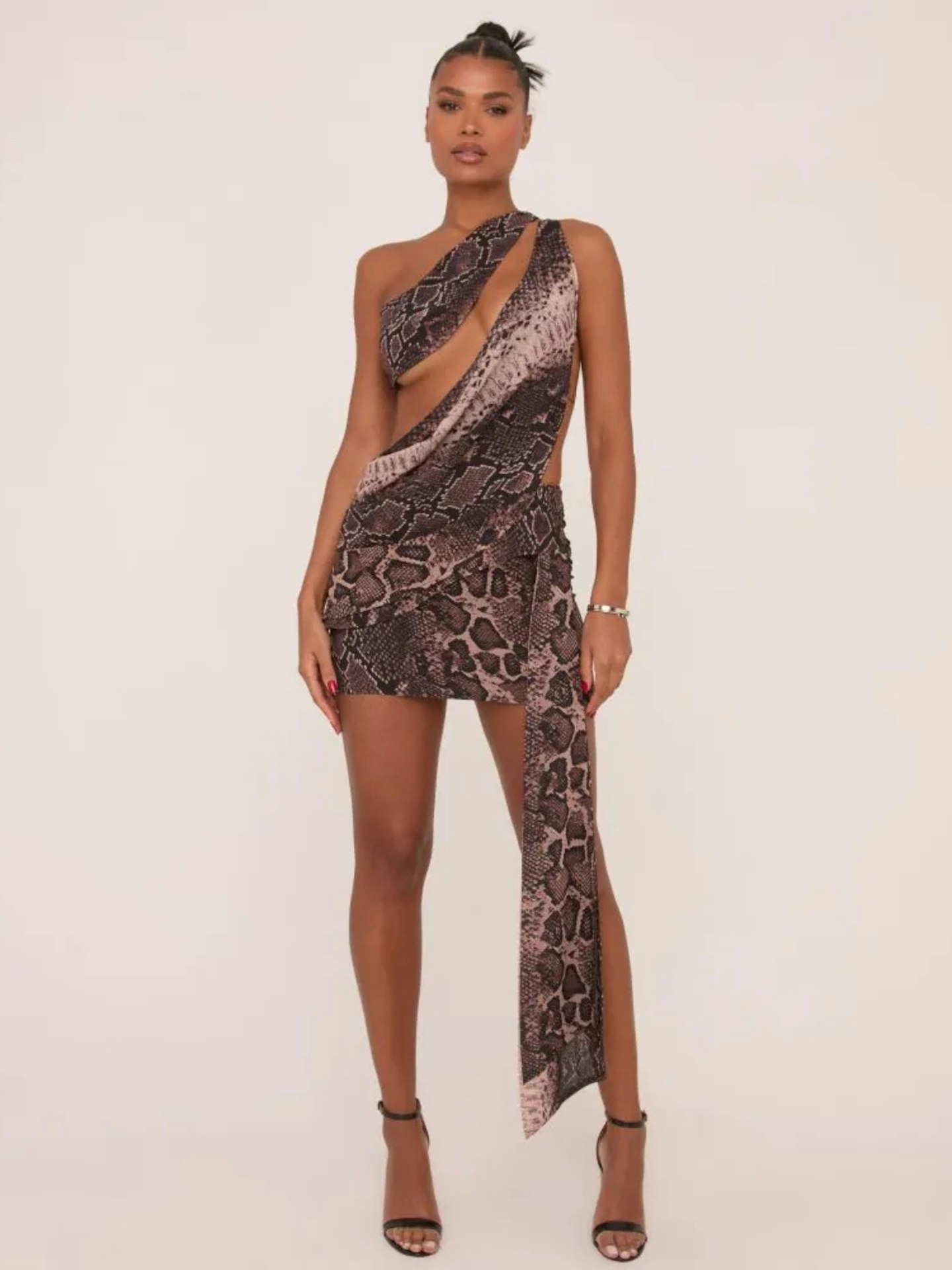 EGO Asymmetric One Shoulder Drape Detail Mini Dress In Brown Snake Print