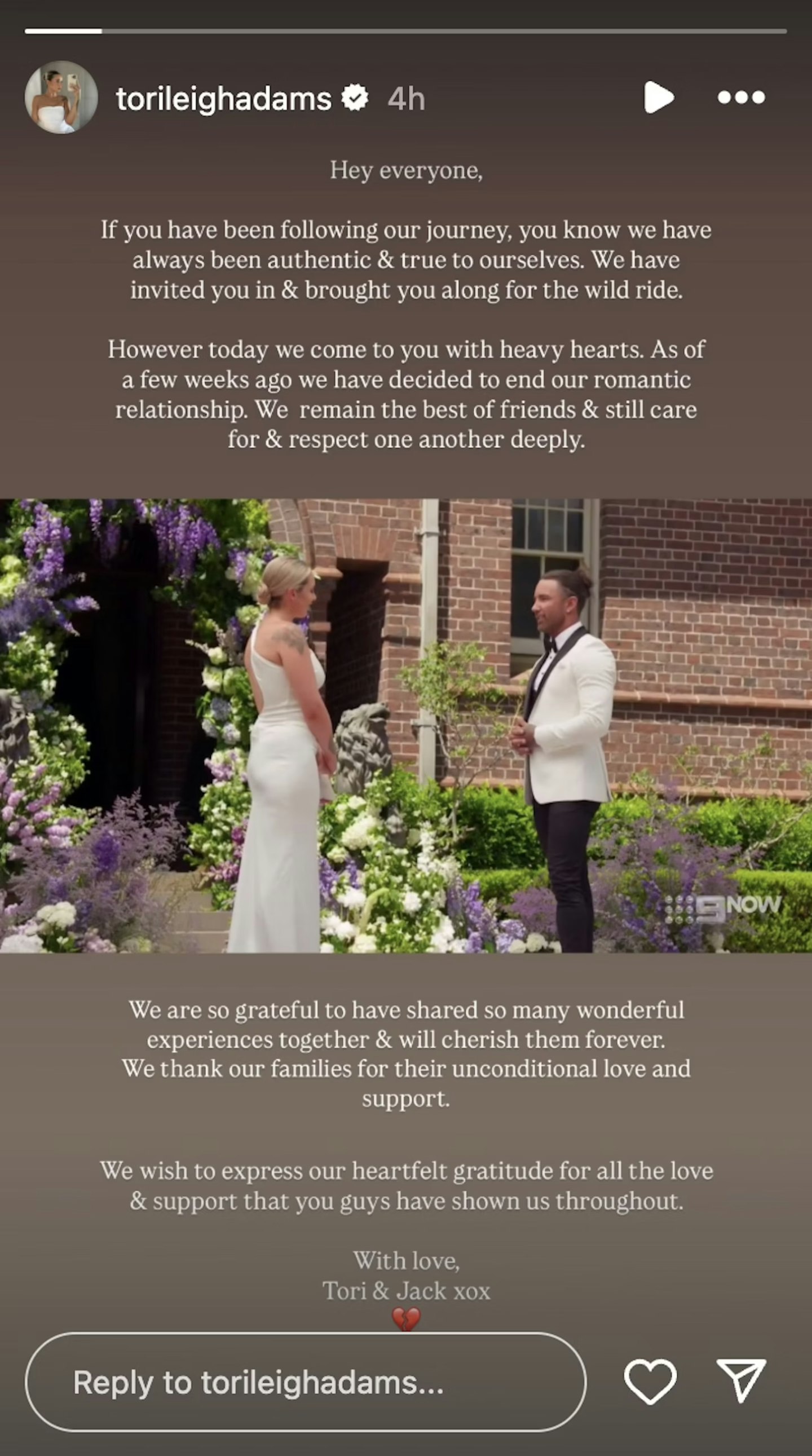 Tori Adams and Jack Dunkley split statement