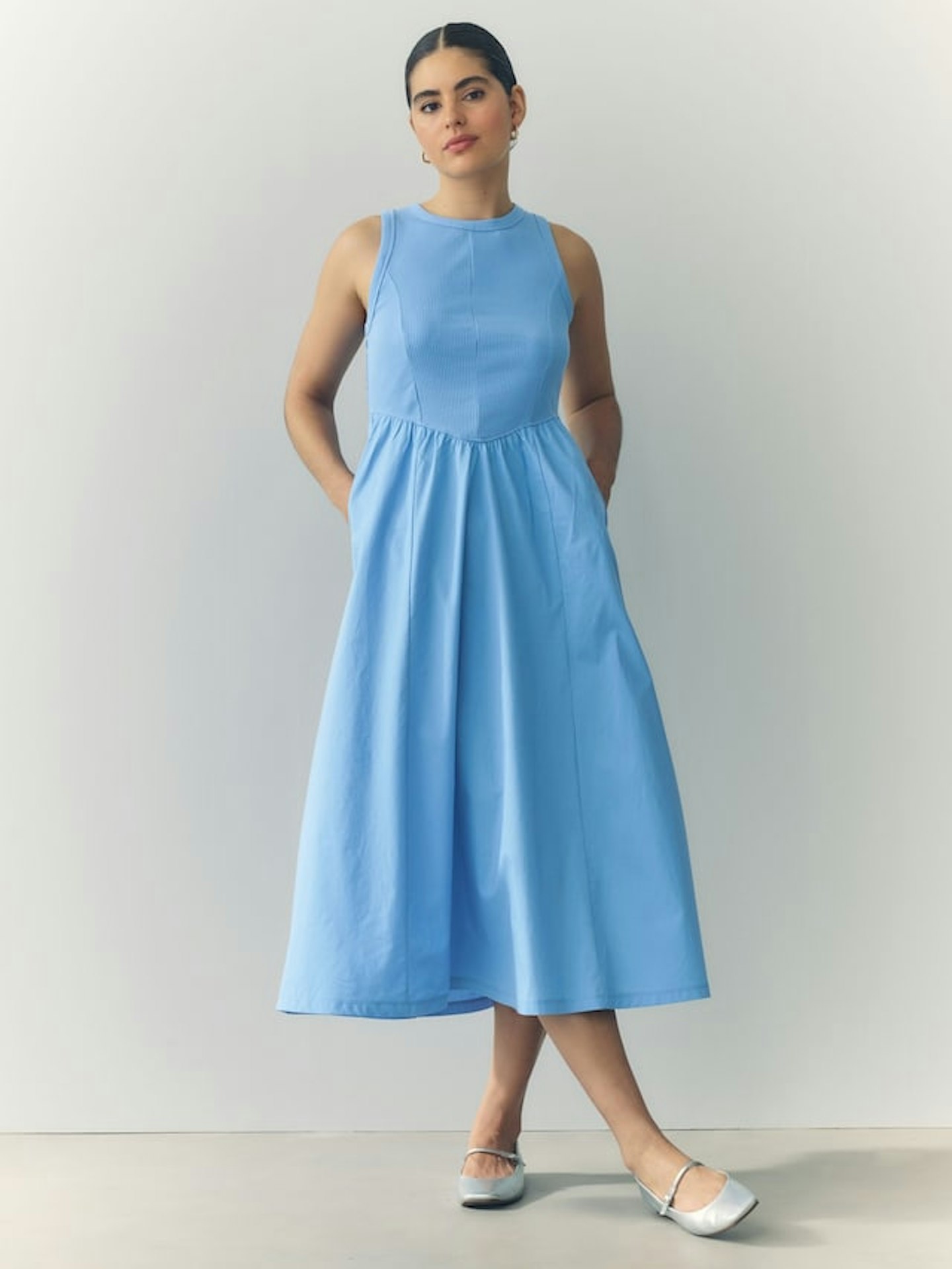 BRIGHT BLUE WOVEN JERSEY MIX SLEEVELESS RACER RIBBED MIDI DRESS