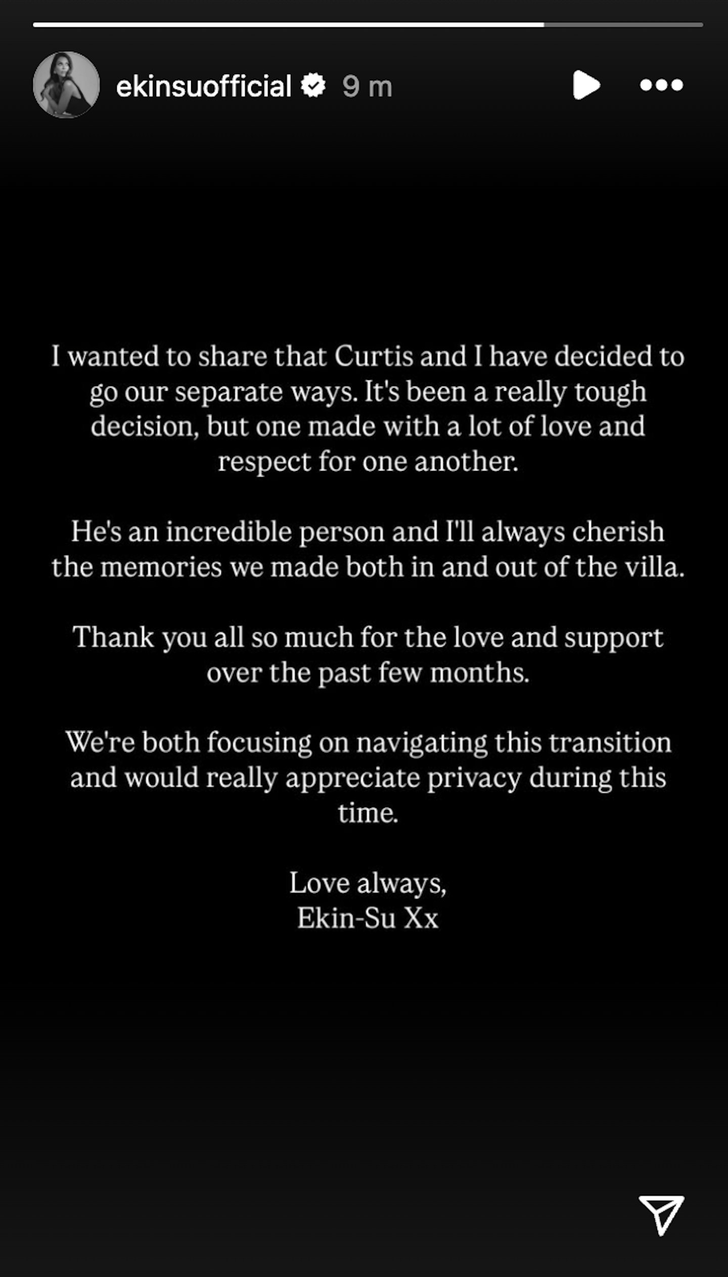 Ekin-Su's break-up statement about Curtis Pritchard