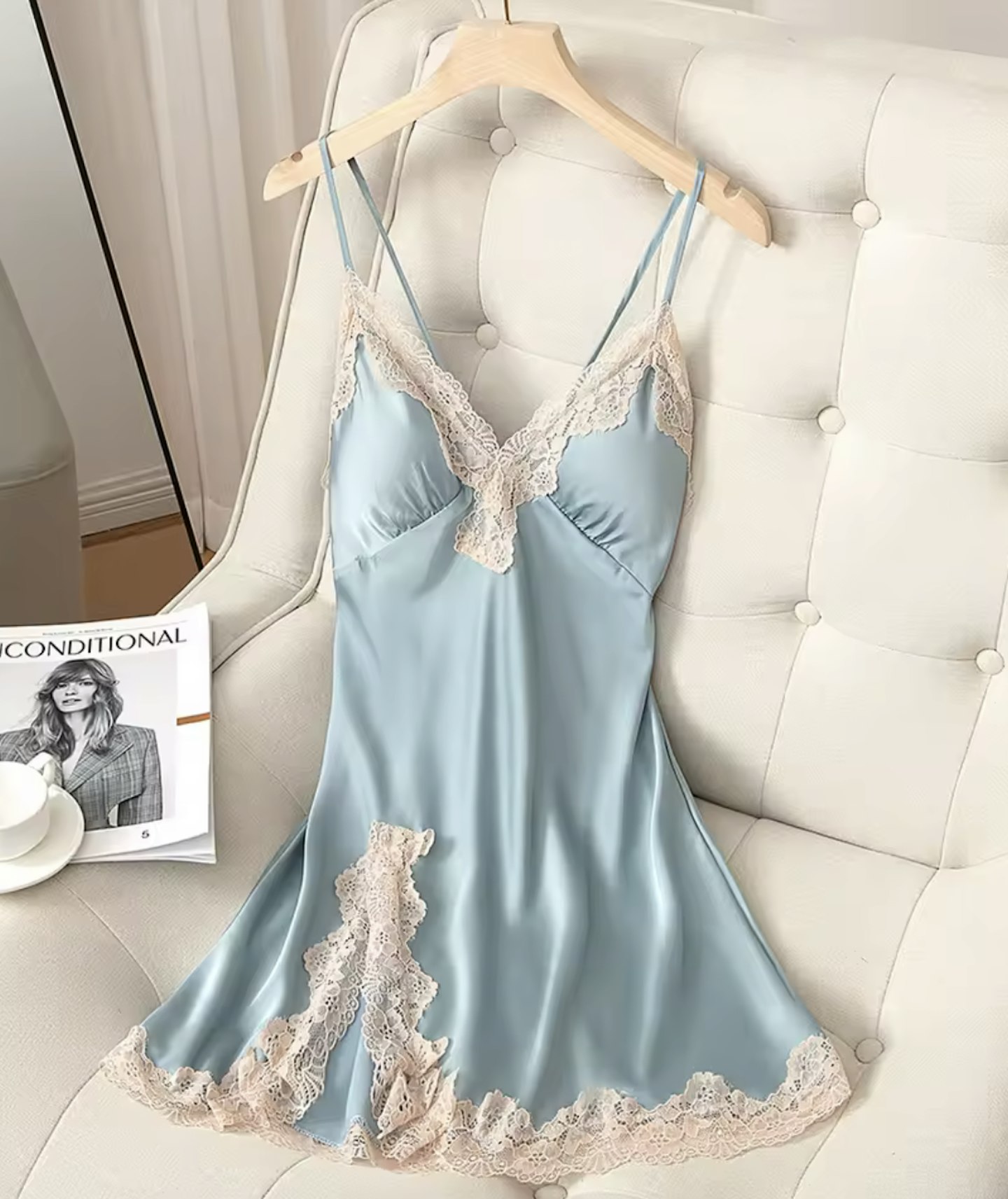 Teal satin lace trim slip