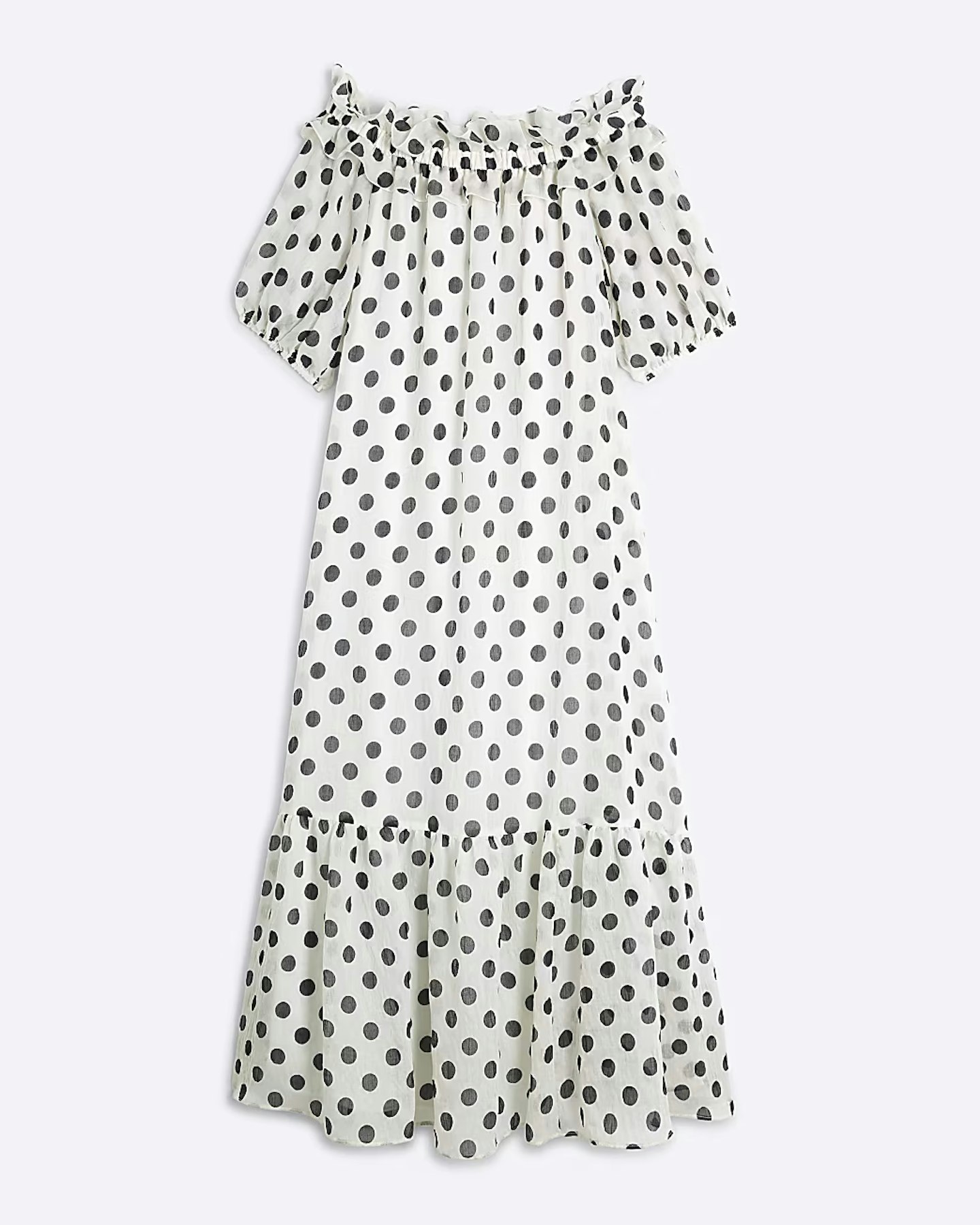 River Island White Polka Dot Tiered Bardot Maxi Dress