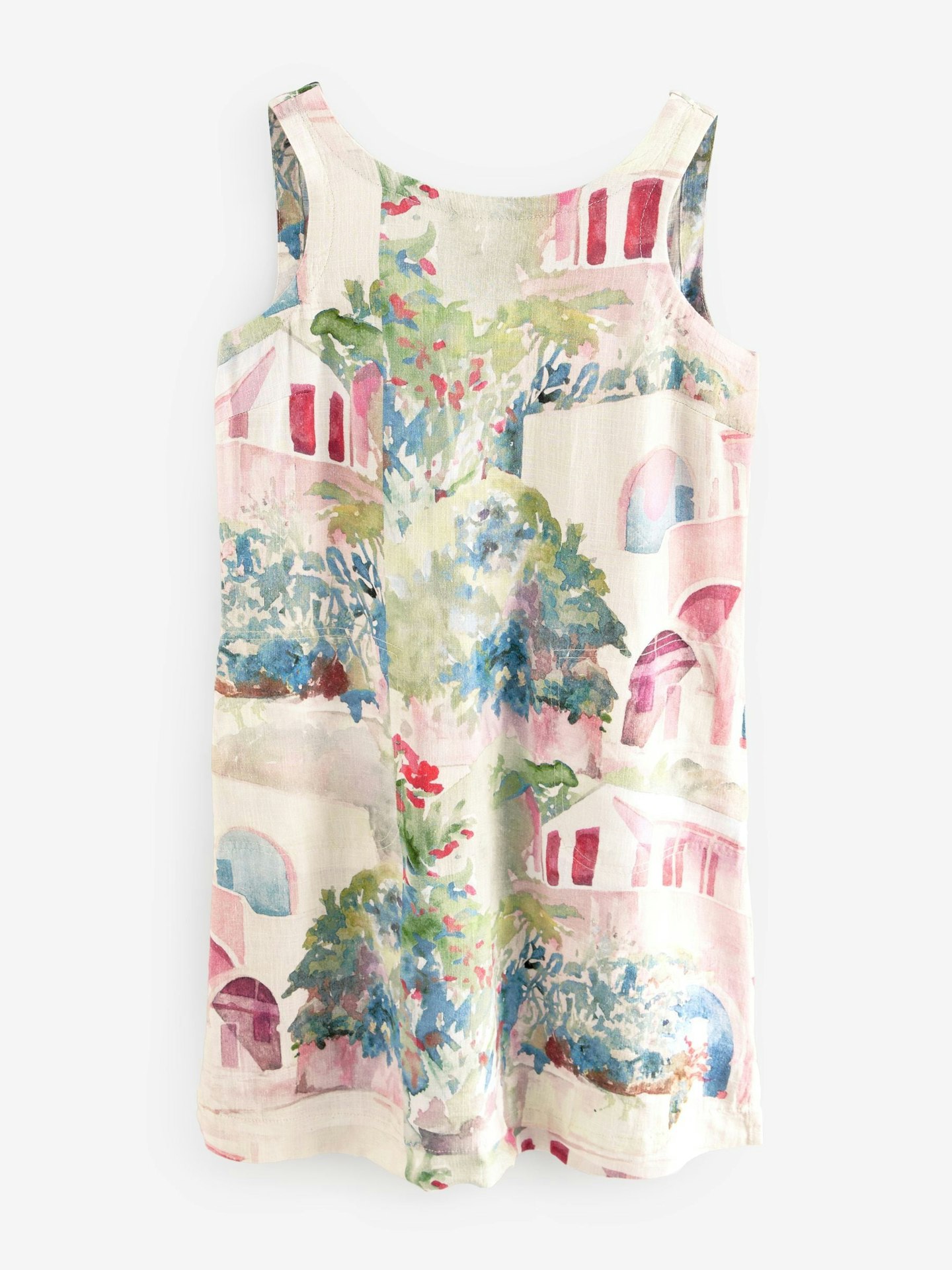 Next Cream Pink and Blue House Print Scoop Back Mini Shift Dress With Linen